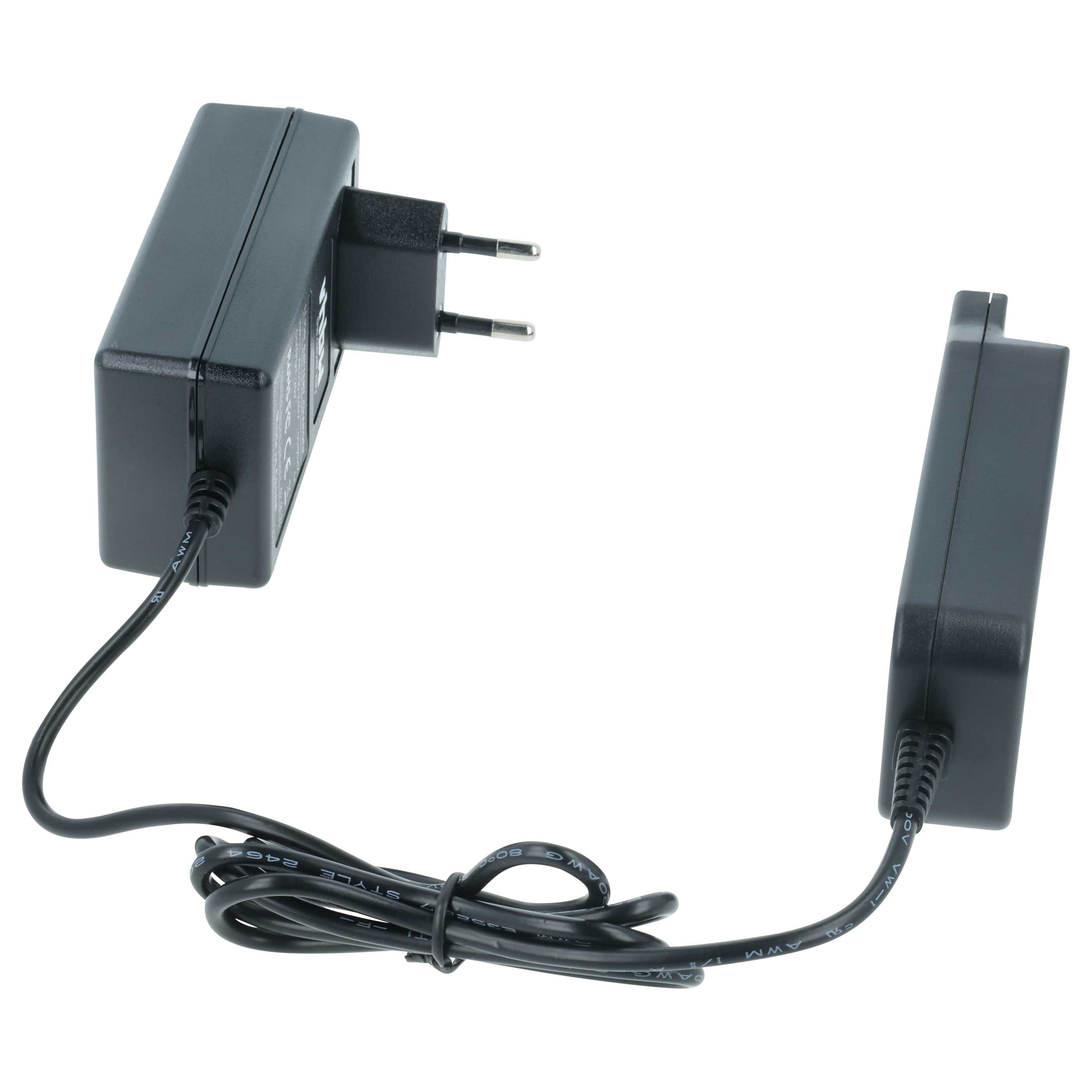 Schwarzes Netzteil mit Stecker links und Ladekomponente rechts, beide verbunden mit einem schwarzen Kabel.
