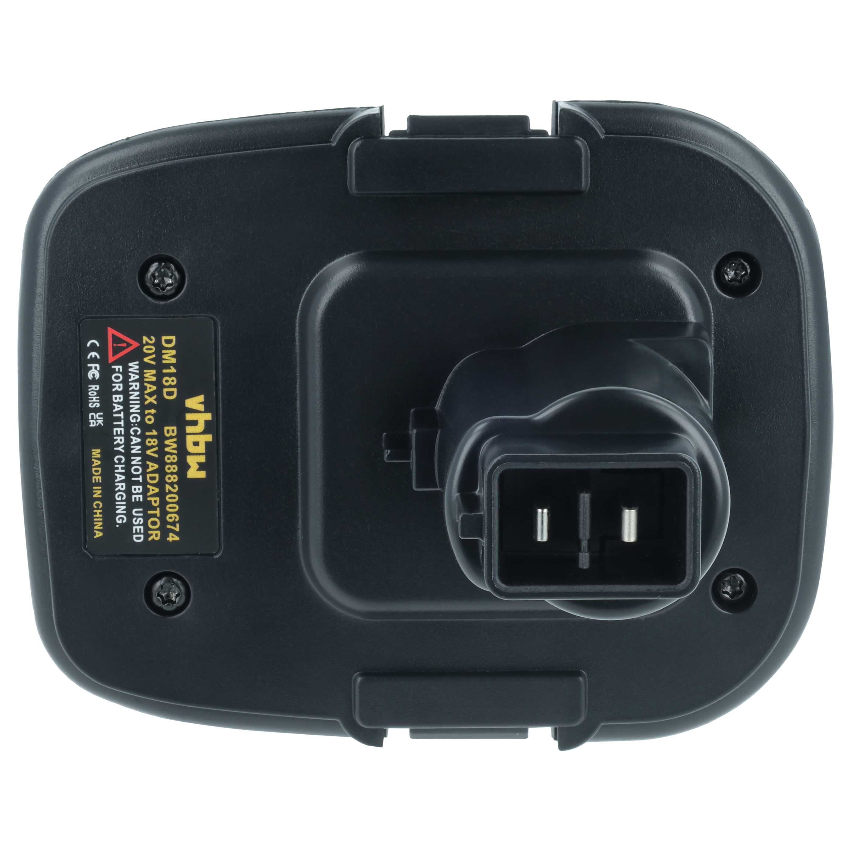 Ein schwarzer Adapter mit rechteckigem Stecker und Warnhinweis. Der Text enthält Spannung und Markeninformationen.
