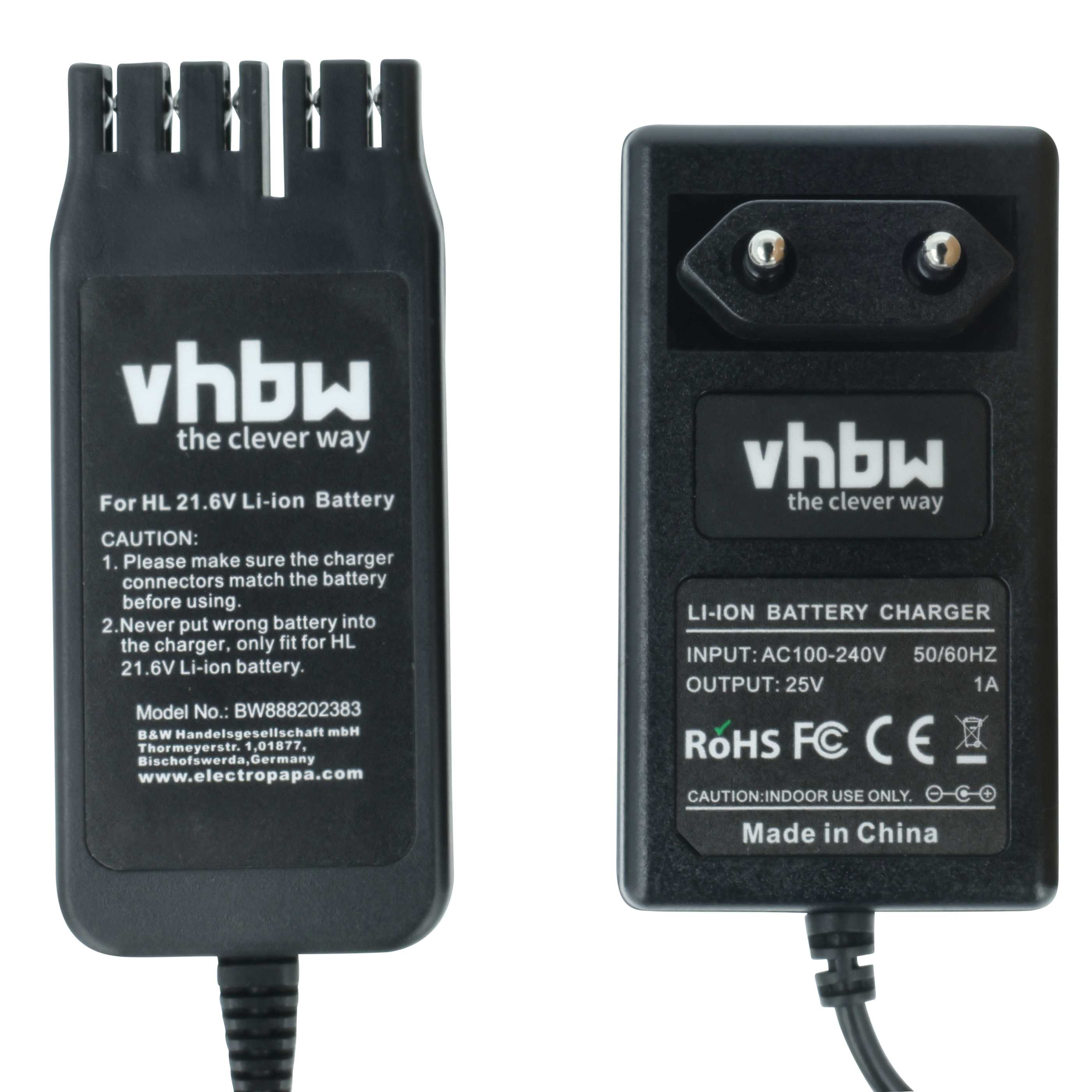 Zwei schwarze Ladegeräte auf weißem Hintergrund. Eines hat einen Stecker, das andere einen Anschluss. Beide haben Text.