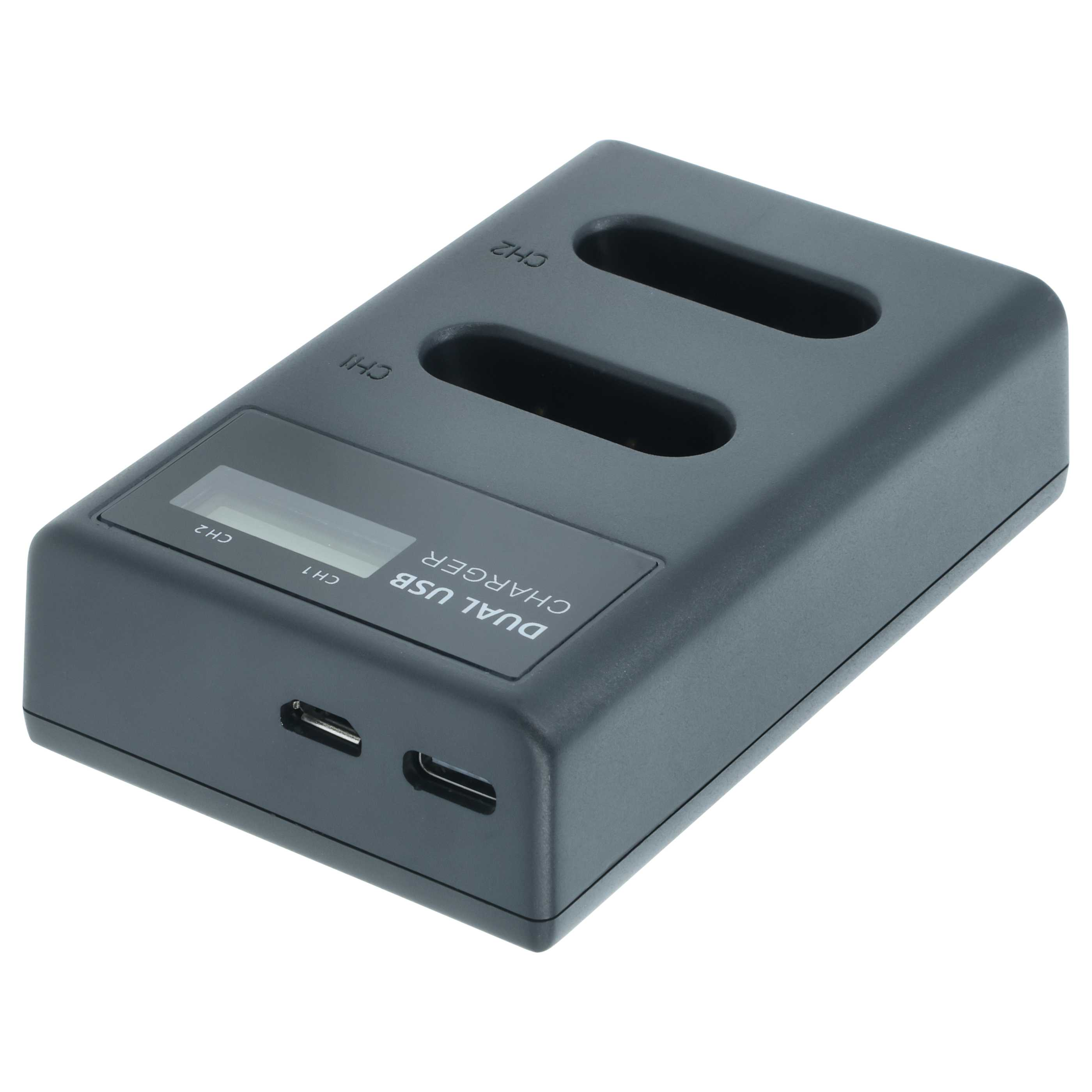 Ein dunkelgraues Dual-USB-Ladegerät mit zwei Steckplätzen, einem Bildschirm und USB-Anschlüssen.