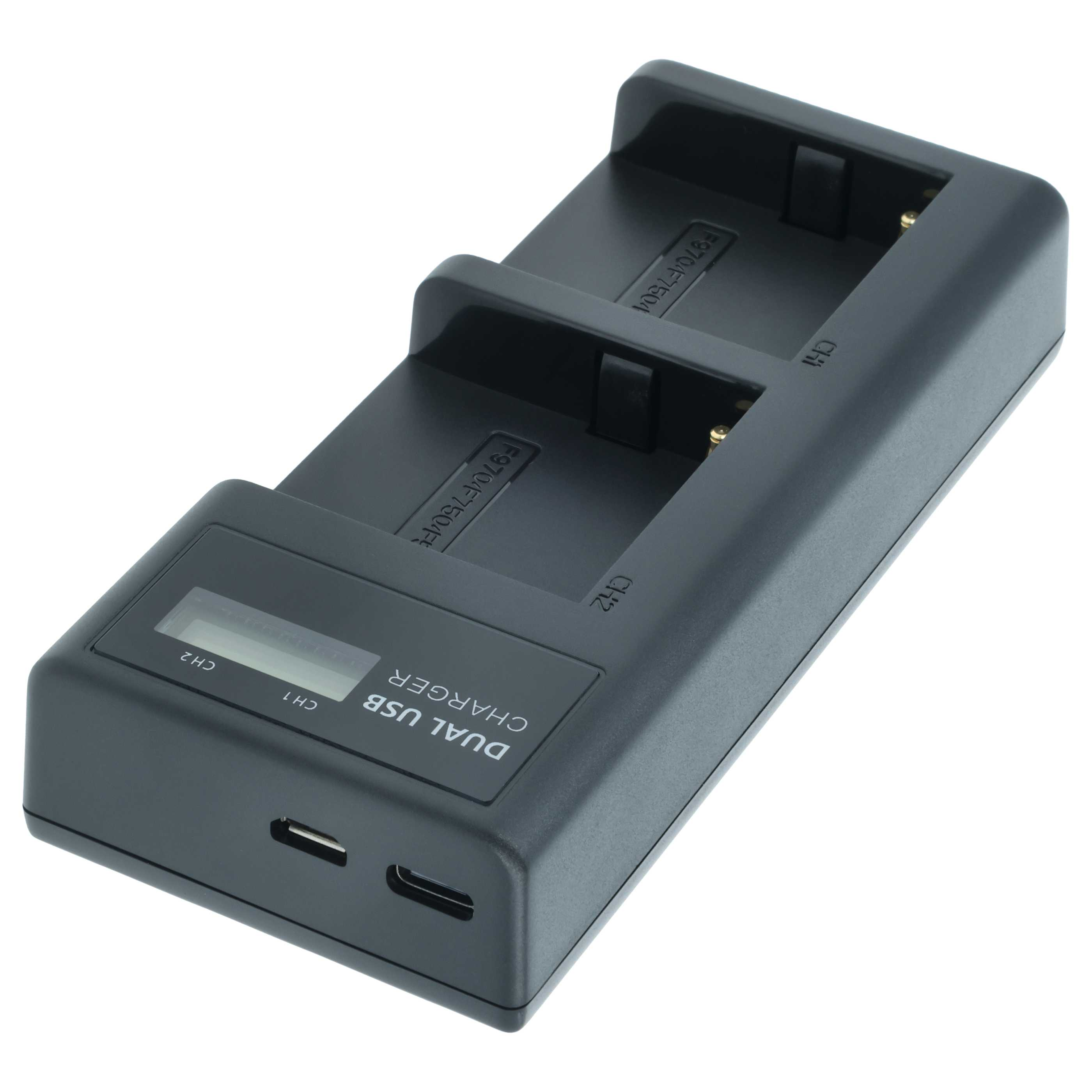 Ein schwarzes Dual-USB-Ladegerät. Es hat zwei Ladeschlitze, ein kleines Display und USB-Anschlüsse.