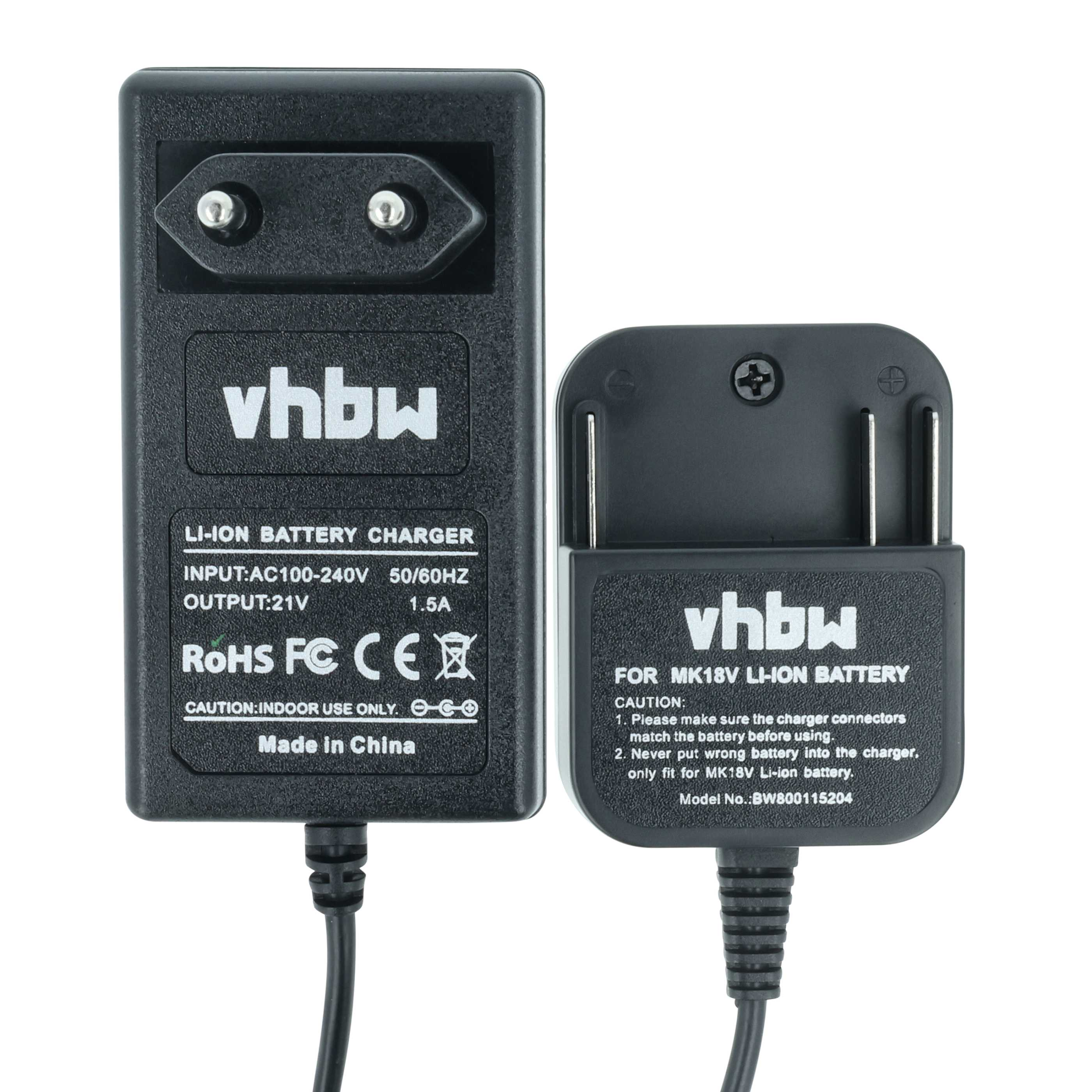 Ein schwarzes vhbw Li-Ionen-Batterieladegerät mit Stecker. Es hat Text und einen zweiten Teil für die Batterie.