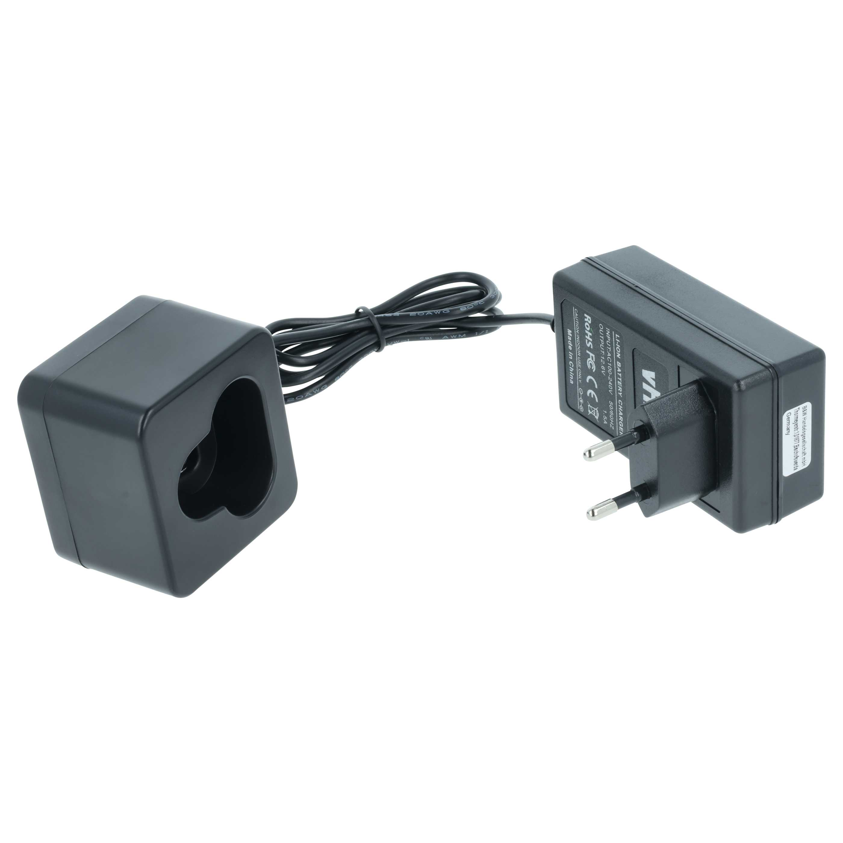 Schwarzes Batterieladegerät mit Ladestation und Netzteil, verbunden durch ein schwarzes Kabel, auf weißem Hintergrund.