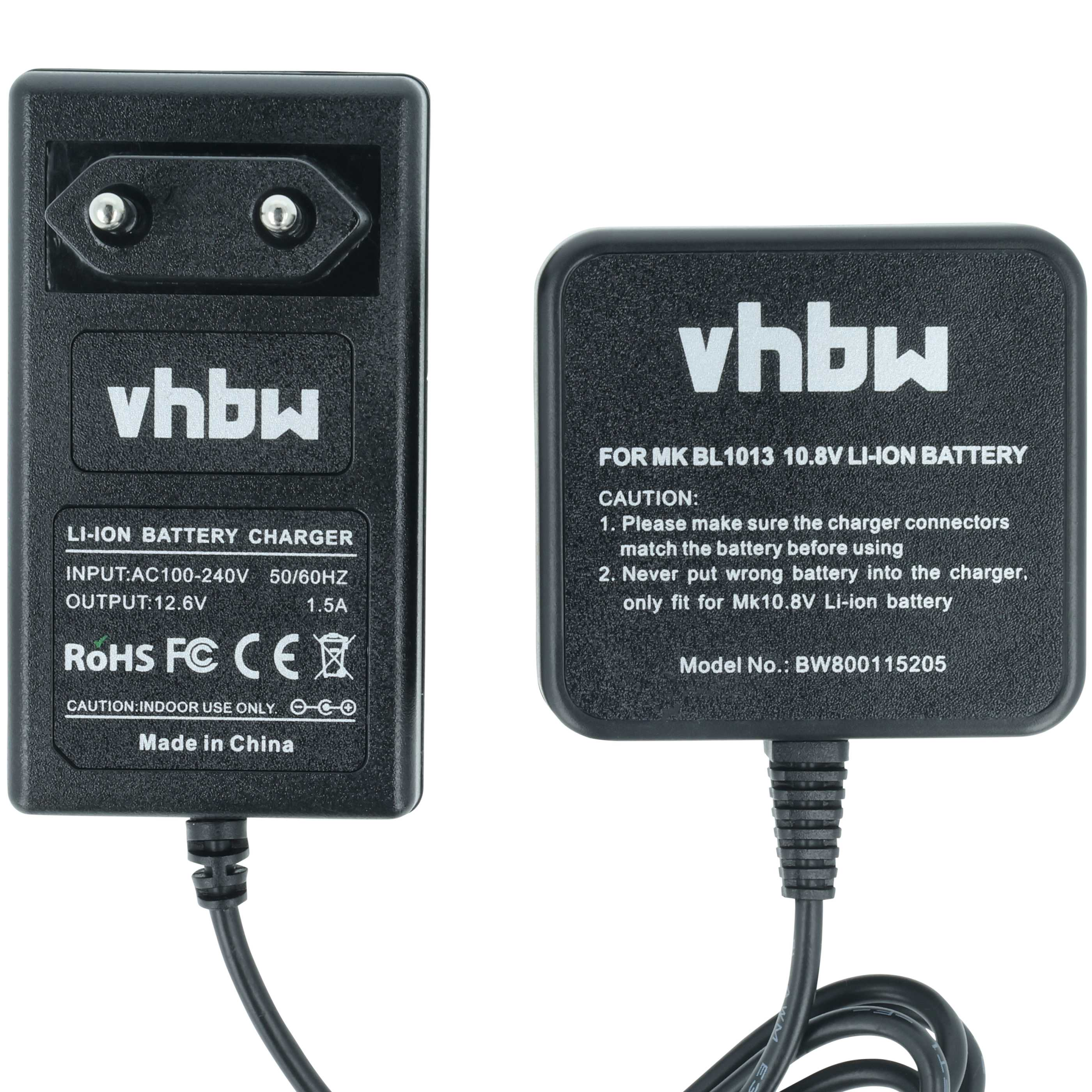 Zwei schwarze Batterieladegeräte mit Kabeln. Eines hat einen Stecker, beide haben das 'vhbw'-Logo und Text.
