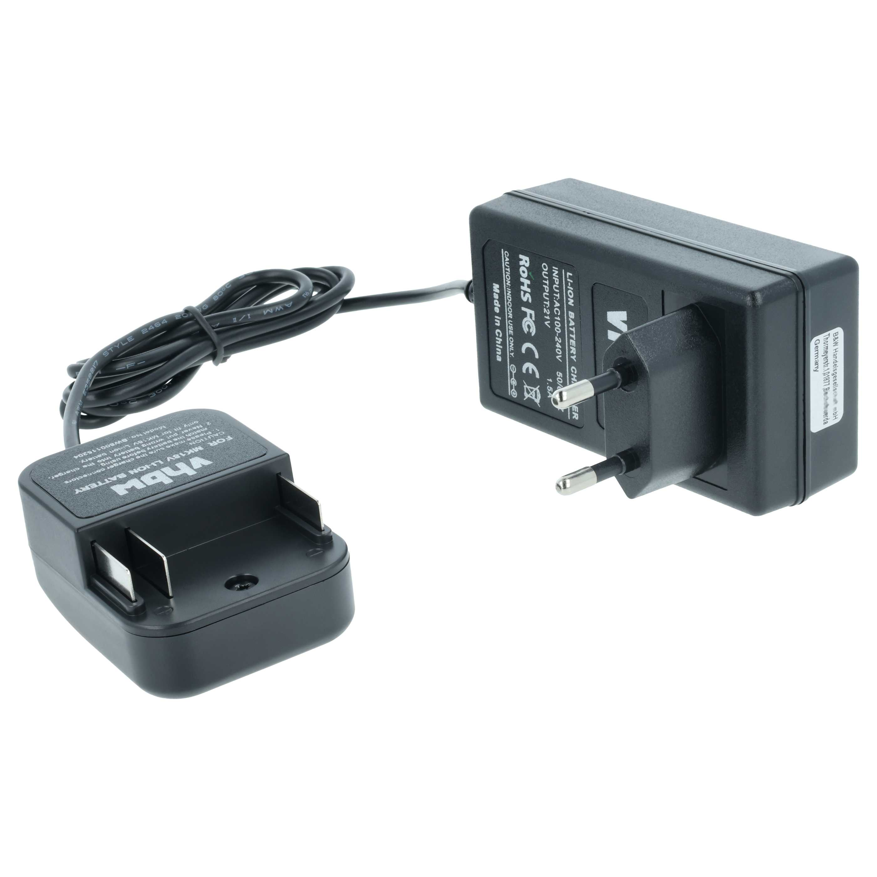 Schwarzes Batterieladegerät mit Stecker und Ladestation. Ein Kabel verbindet beides. Weißer Hintergrund.