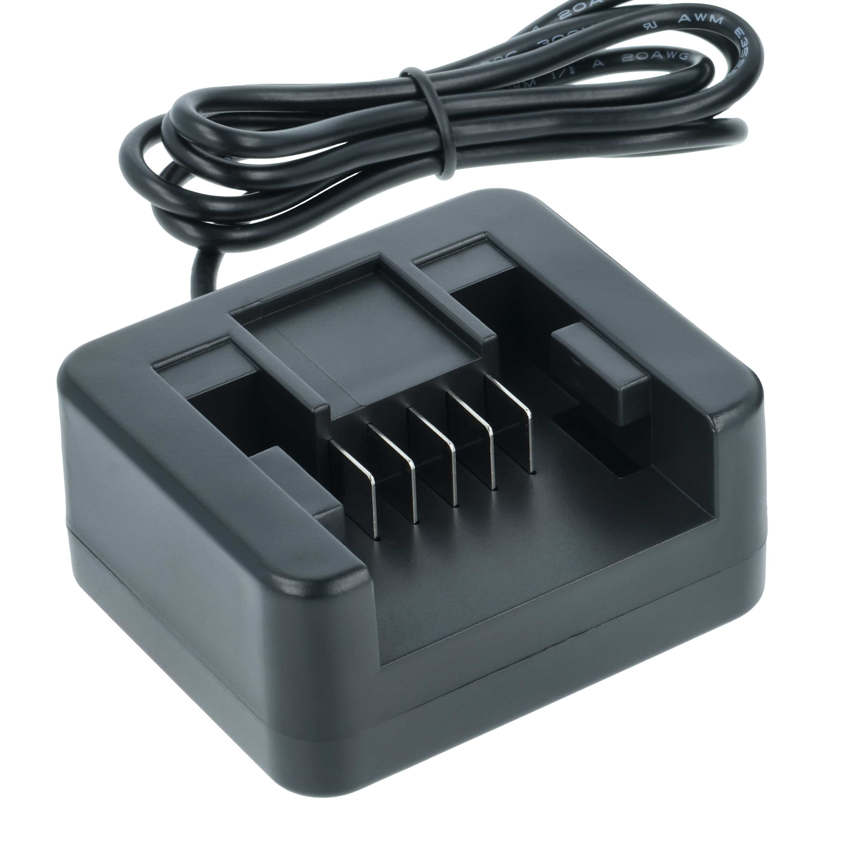 Ein schwarzes Batterieladegerät mit einem schwarzen Kabel auf weißem Hintergrund.
