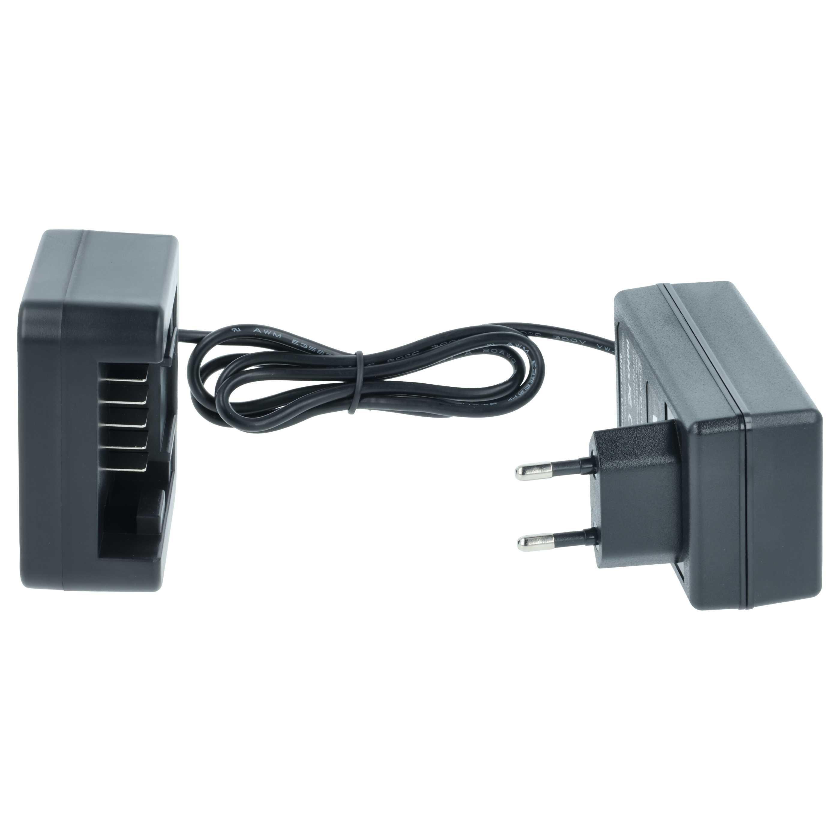 Schwarzes Netzteil mit Stecker rechts und einer anderen Komponente links, verbunden durch ein schwarzes Kabel.