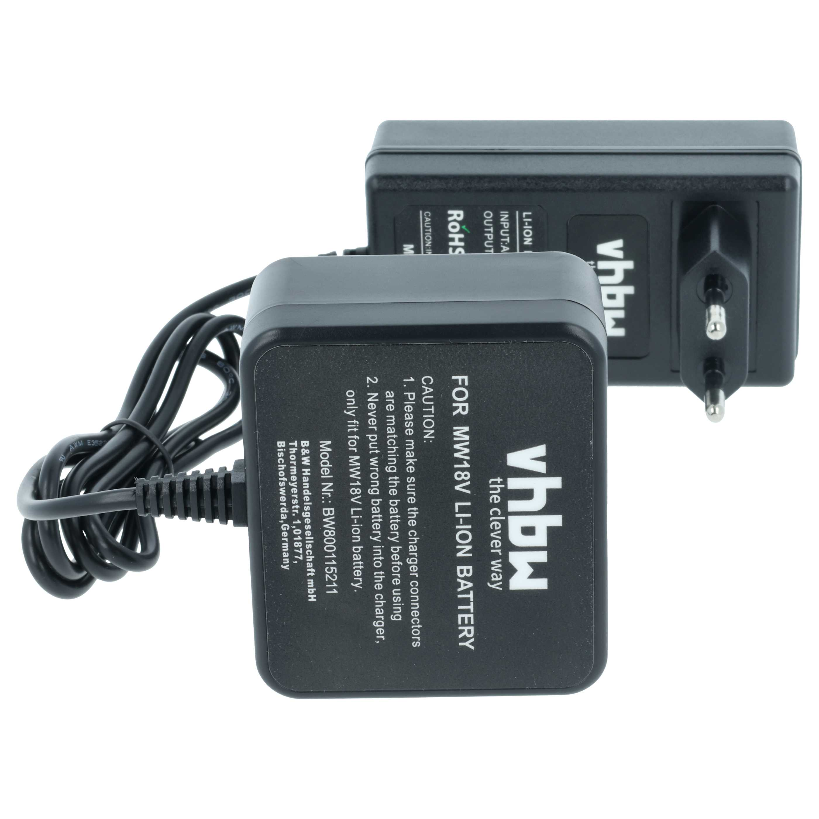 Zwei schwarze Batterieladegeräte mit Kabeln. Eines ist eingesteckt. Der Markenname 'vhbw' ist sichtbar.