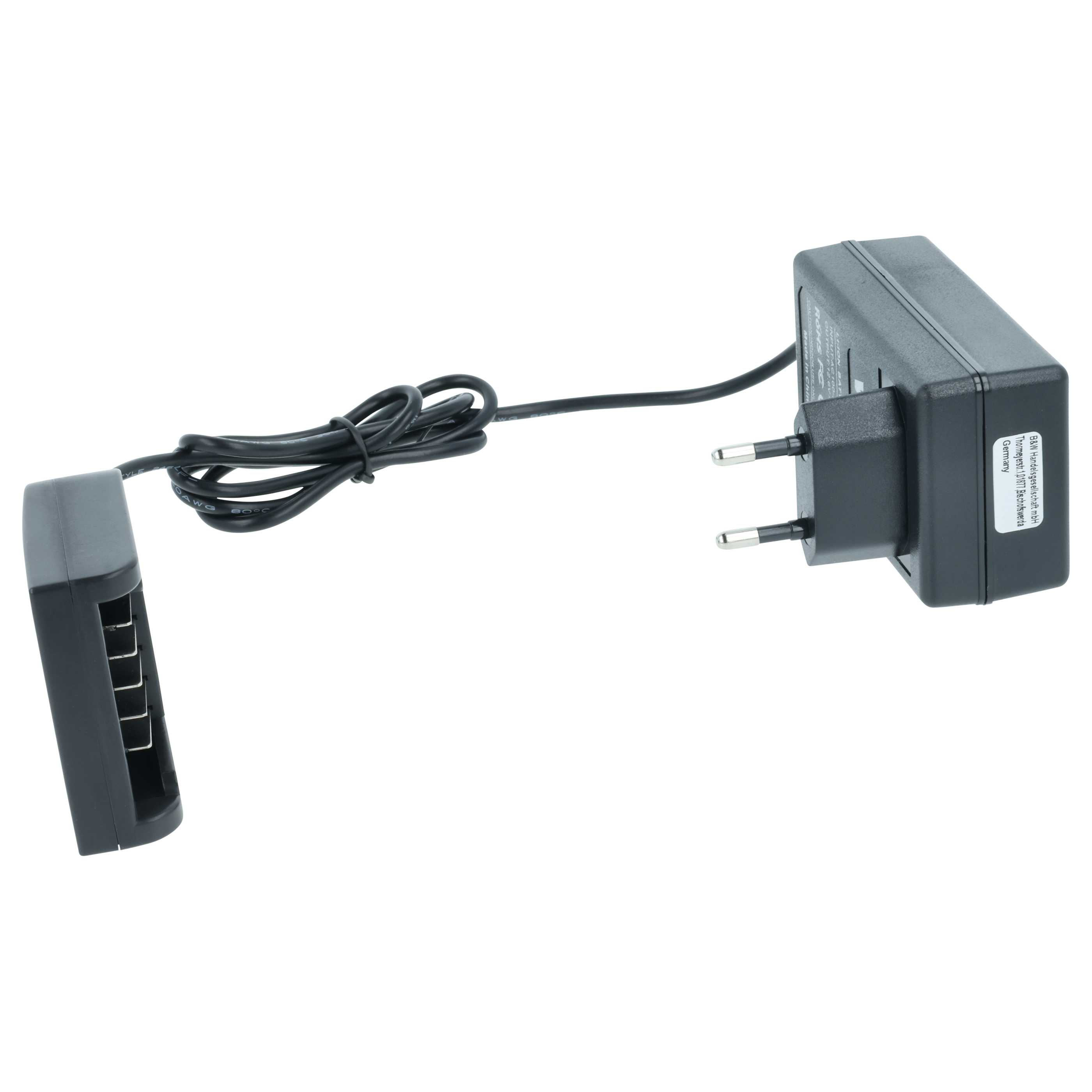 Ein schwarzes Ladegerät mit Stecker und kleinem Ladeanschluss, verbunden durch ein schwarzes Kabel.