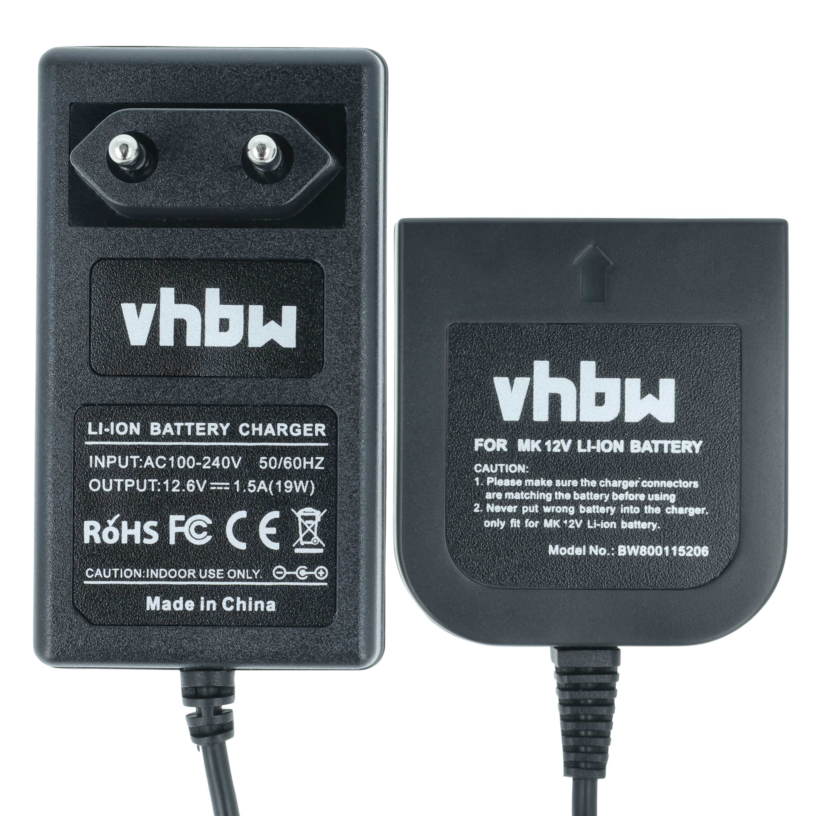 Ein schwarzes Batterieladegerät mit dem Text 'vhbw' und Spezifikationen.