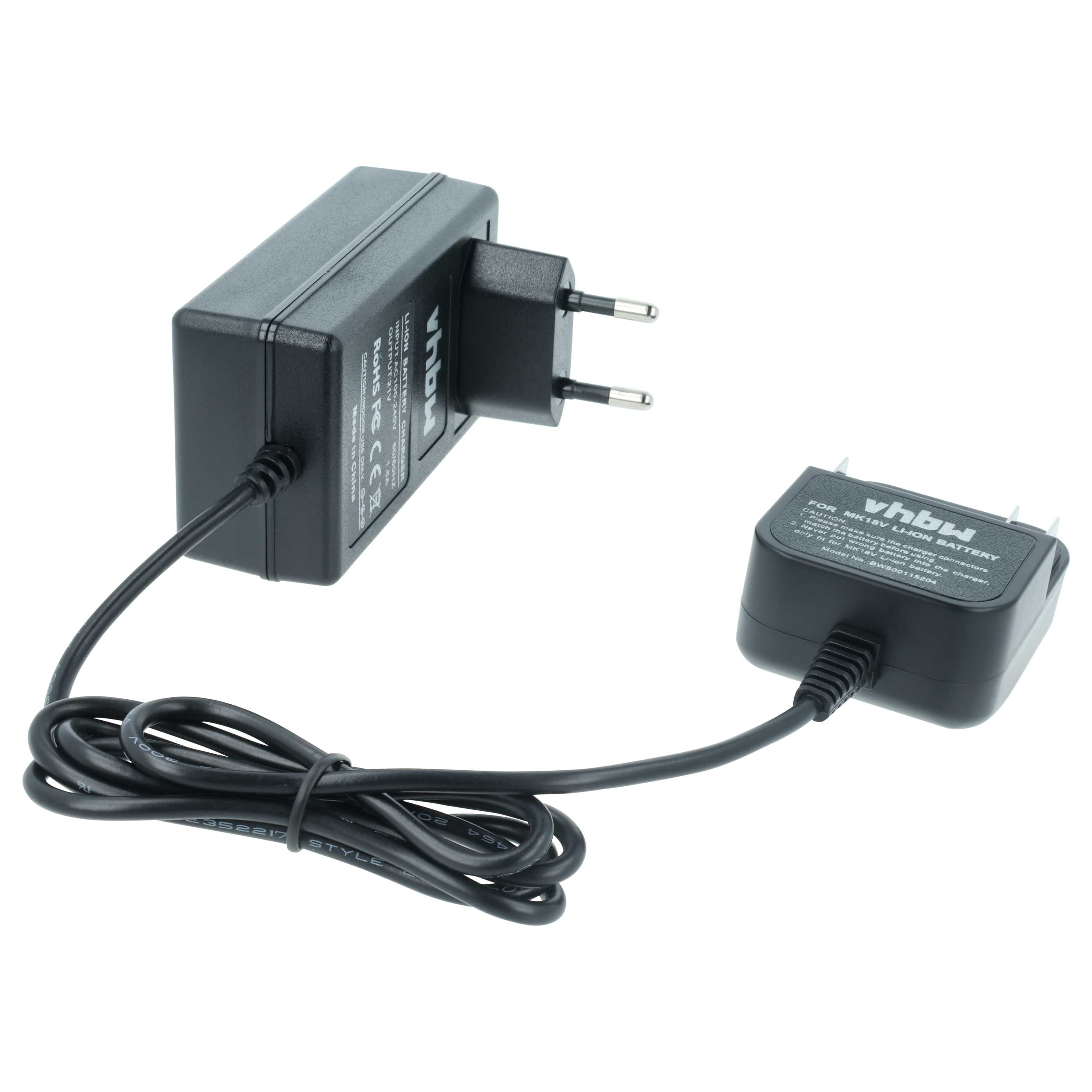 Schwarzes Ladegerät mit Stecker und ein kleineres Ladegerät, verbunden durch ein schwarzes Kabel, vor weißem Hintergrund.
