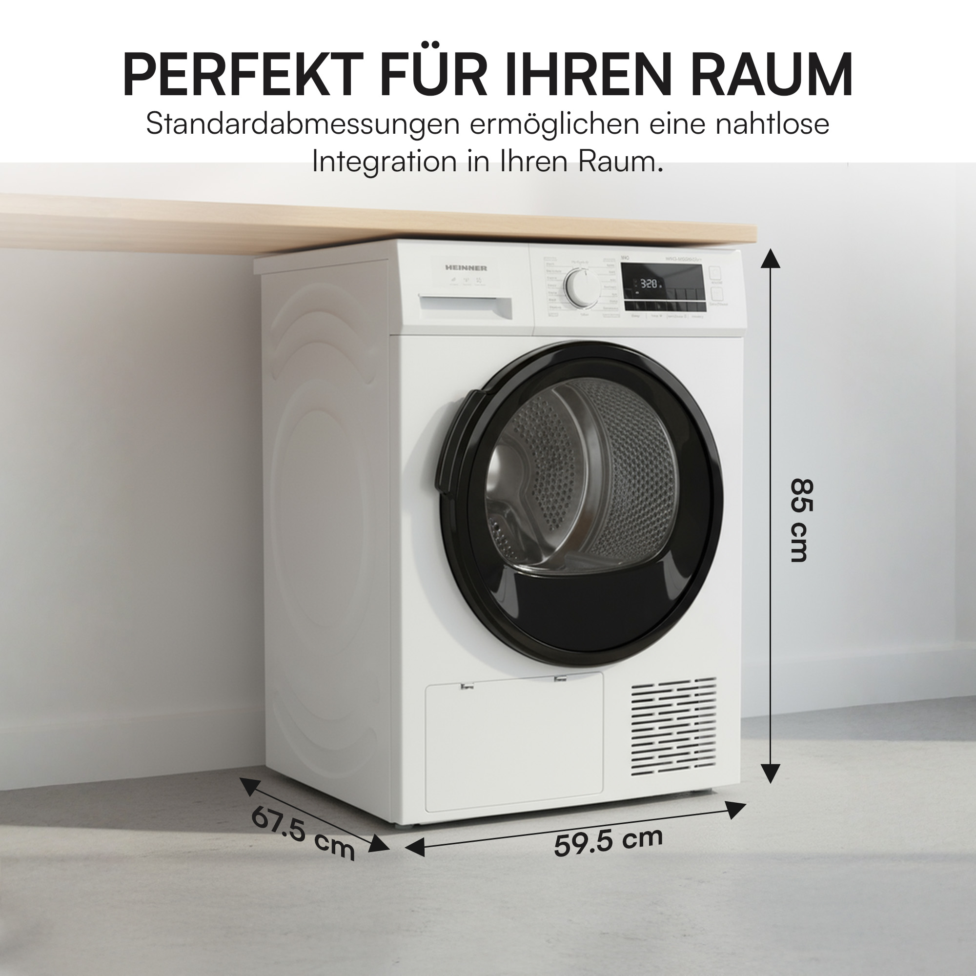 Ein weißer Trockner mit schwarzer Tür steht in einem Raum. Abmessungen werden angezeigt. Text oben lautet 'PERFEKT FÜR IHREN RAUM'.