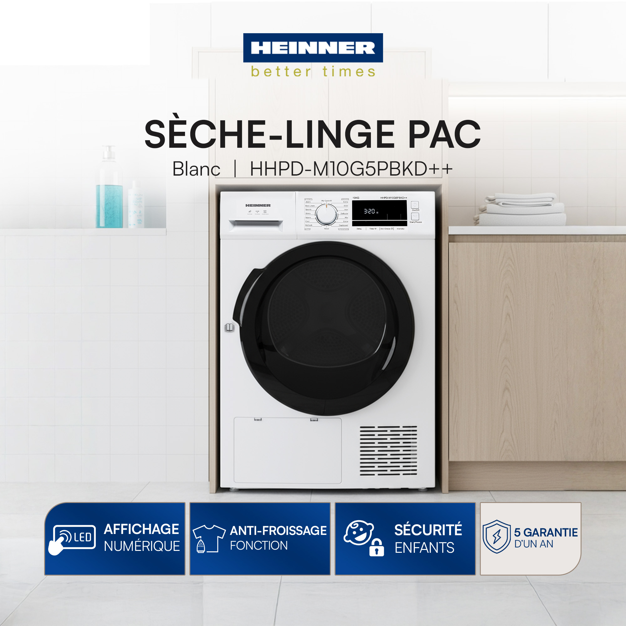 Weißer Trockner mit schwarzer Tür. Er hat ein digitales Display und ein Bedienfeld. Der Hintergrund ist ein Badezimmer.