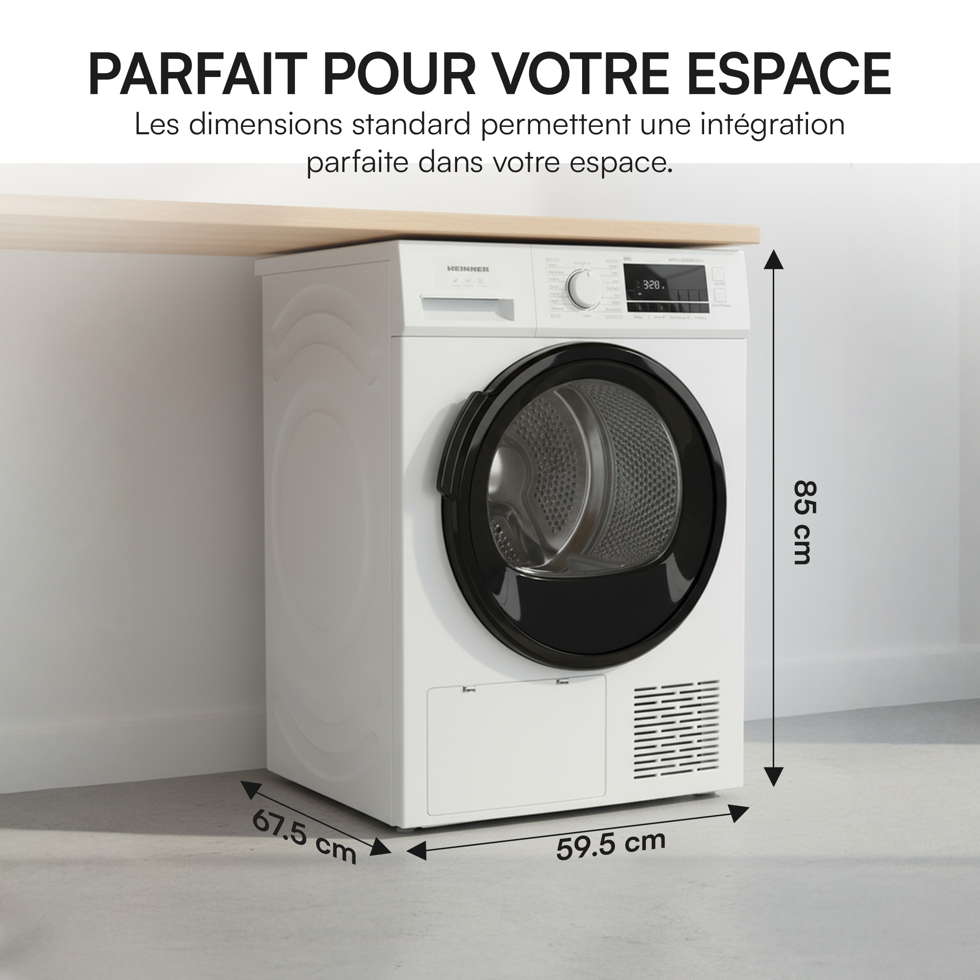 A white dryer with black door is displayed. Dimensions are 67.5cm, 59.5cm, and 85cm. Text reads 'Perfect for your space'.
