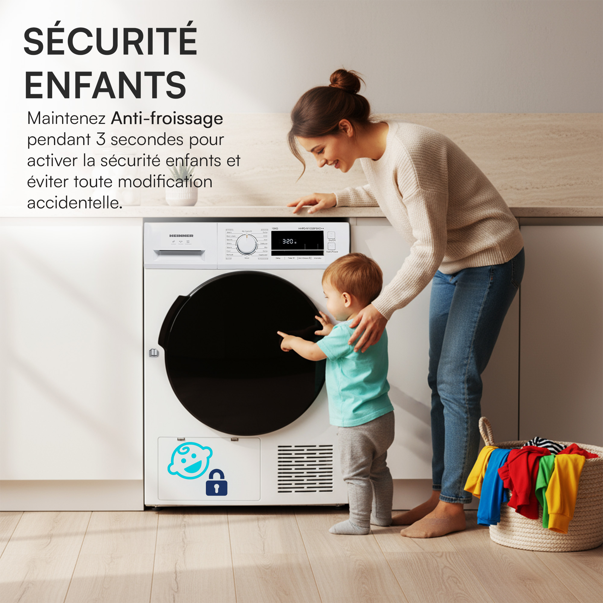 A woman and a toddler near a white dryer. A basket of colorful clothes is on the right. Text in French is visible.