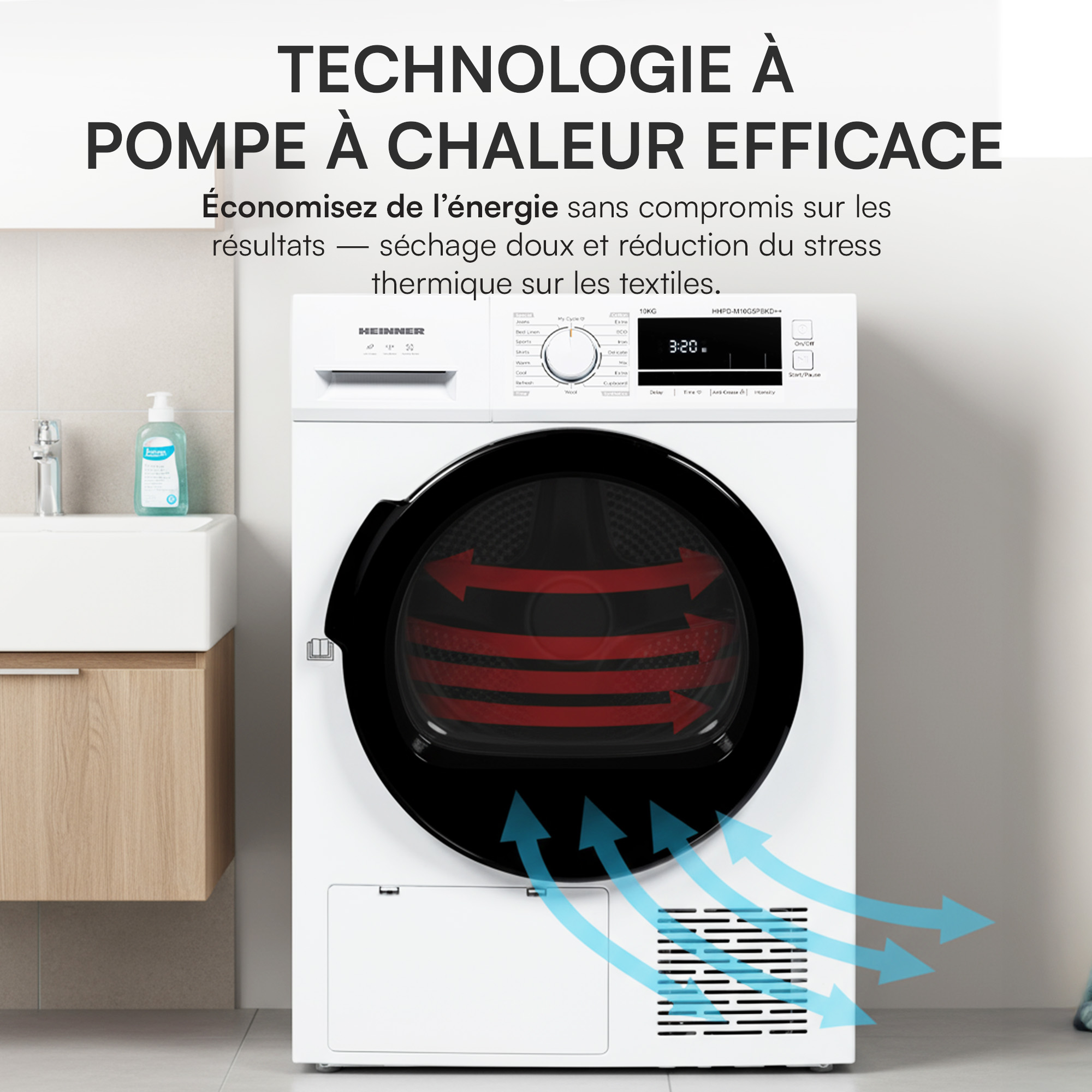 Un sèche-linge blanc avec une porte noire, des flèches rouges à l'intérieur et des flèches bleues en bas. Le texte dit 'pompe à chaleur'.