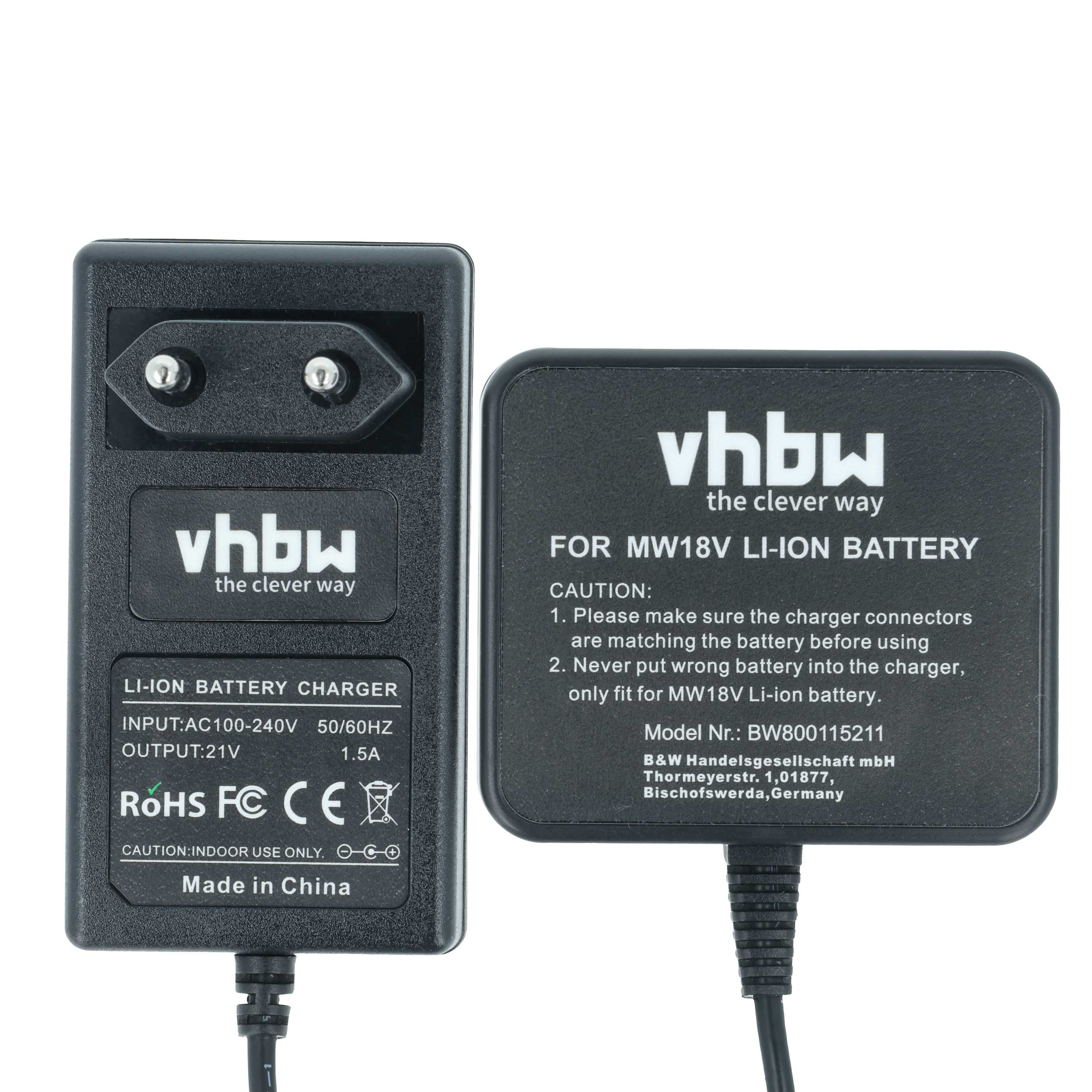 Das Bild zeigt ein schwarzes Batterieladegerät mit dem Markennamen 'vhbw' und Text. Enthält Warnungen und technische Daten.