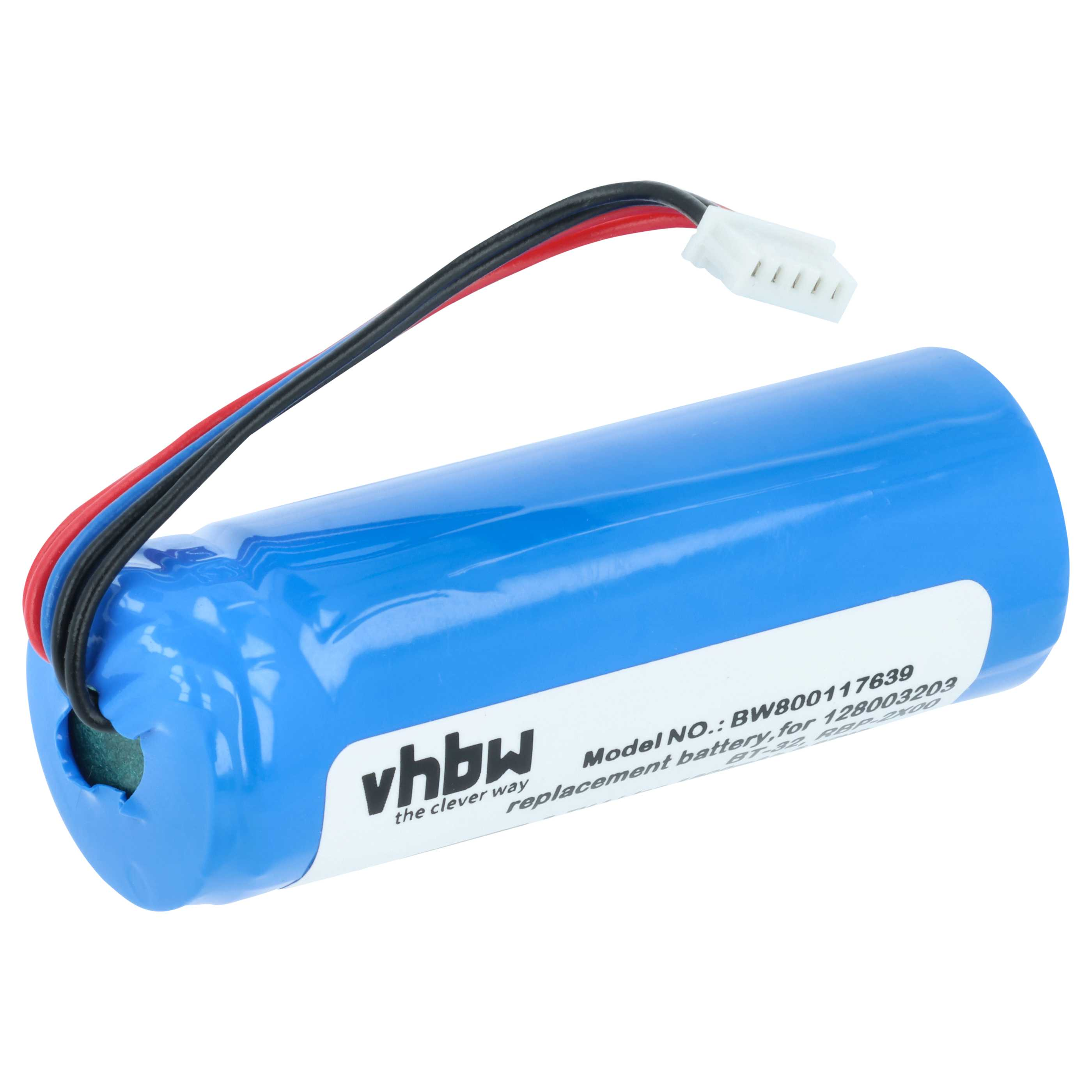 Ein blauer zylindrischer Akku mit schwarzen, roten und blauen Drähten und einem weißen Stecker. Es hat ein Etikett mit Text.