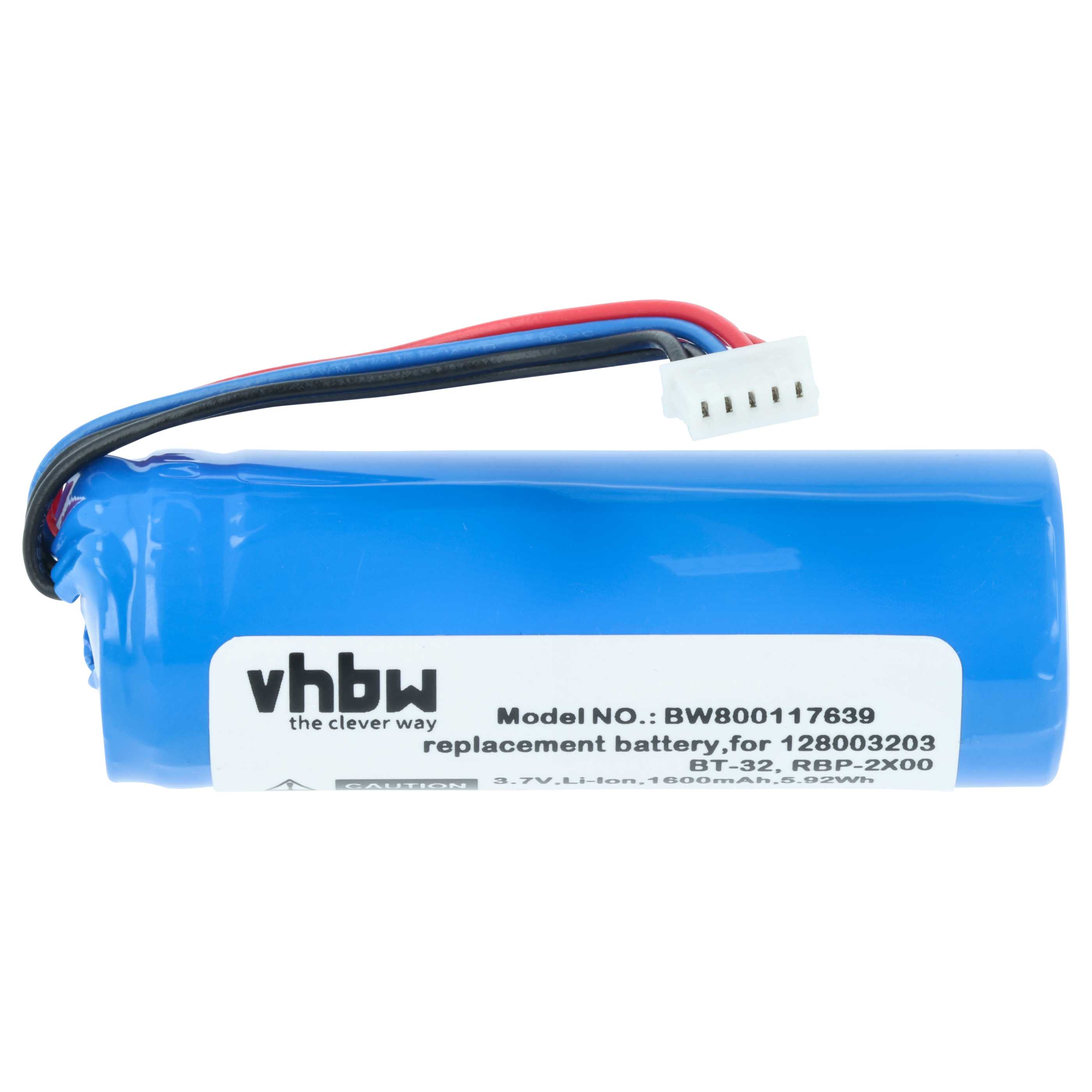 Ein blauer Akku mit Kabeln und einem weißen Stecker. Es hat ein Etikett mit Text und befindet sich auf weißem Grund.