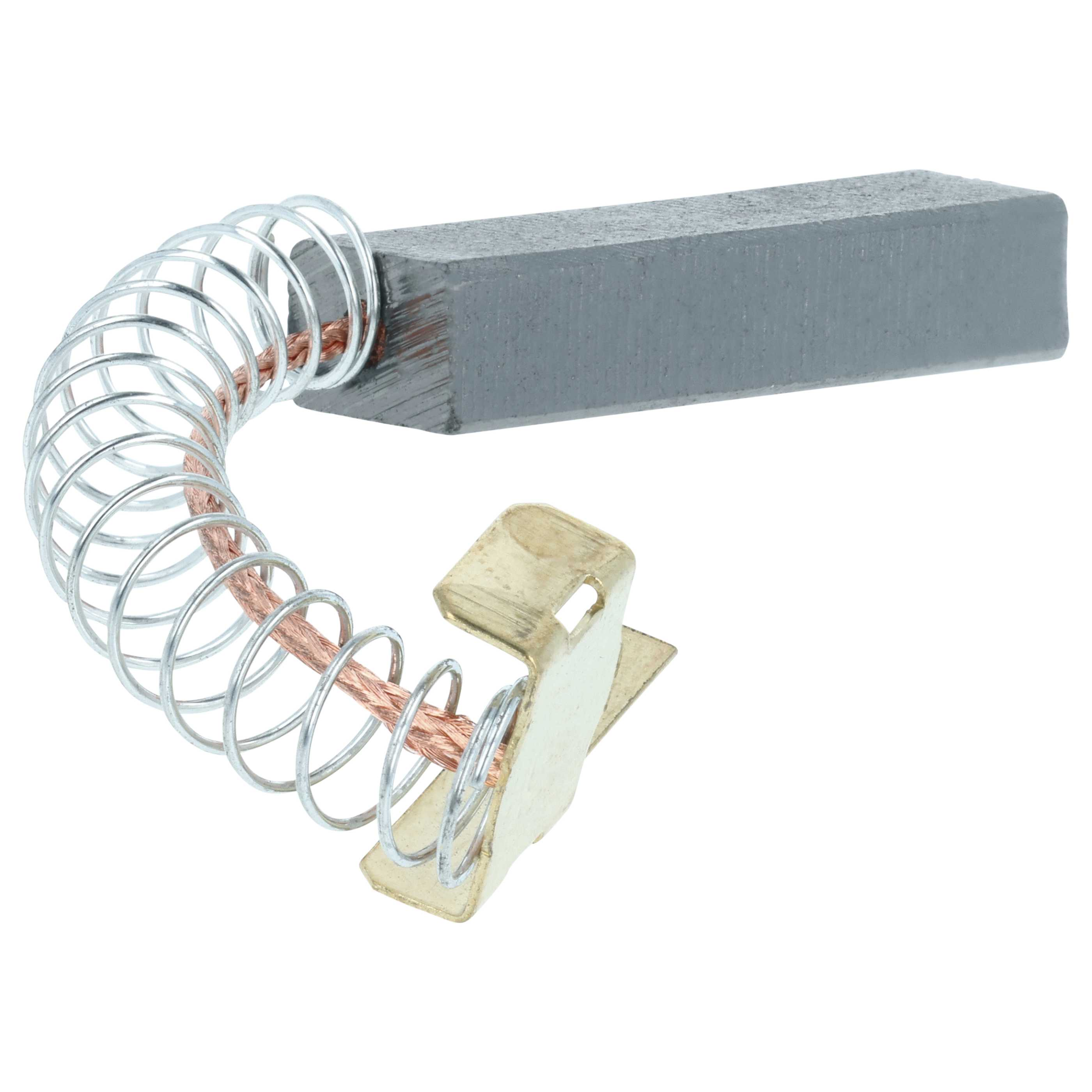 Ein Kohlebürste mit Feder und Metallclip. Die Bürste ist grau, die Feder silber und der Clip goldfarben.