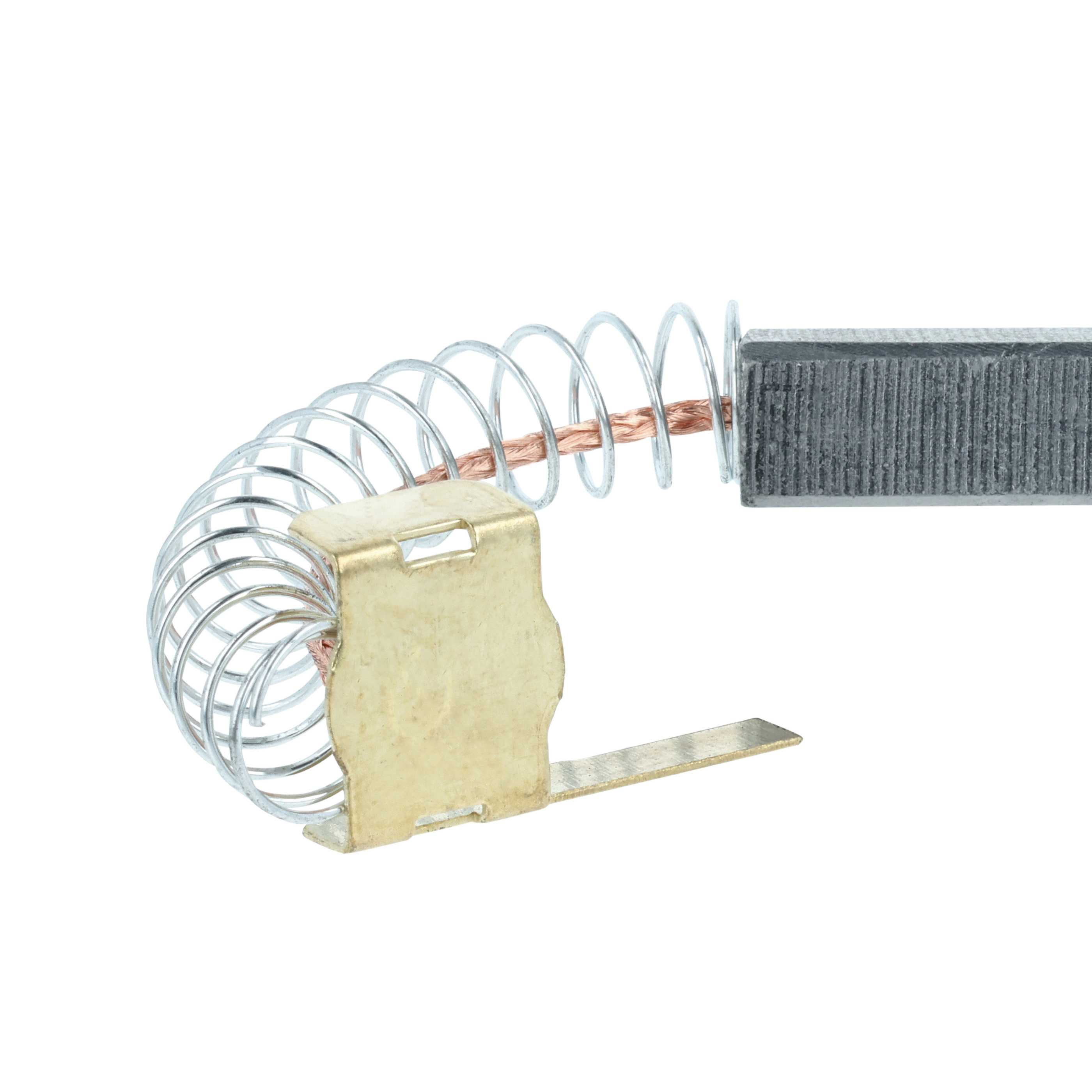 Nahaufnahme einer Kohlebürstenbaugruppe. Sie hat eine Feder, einen Stecker und einen rechteckigen Kohleblock.