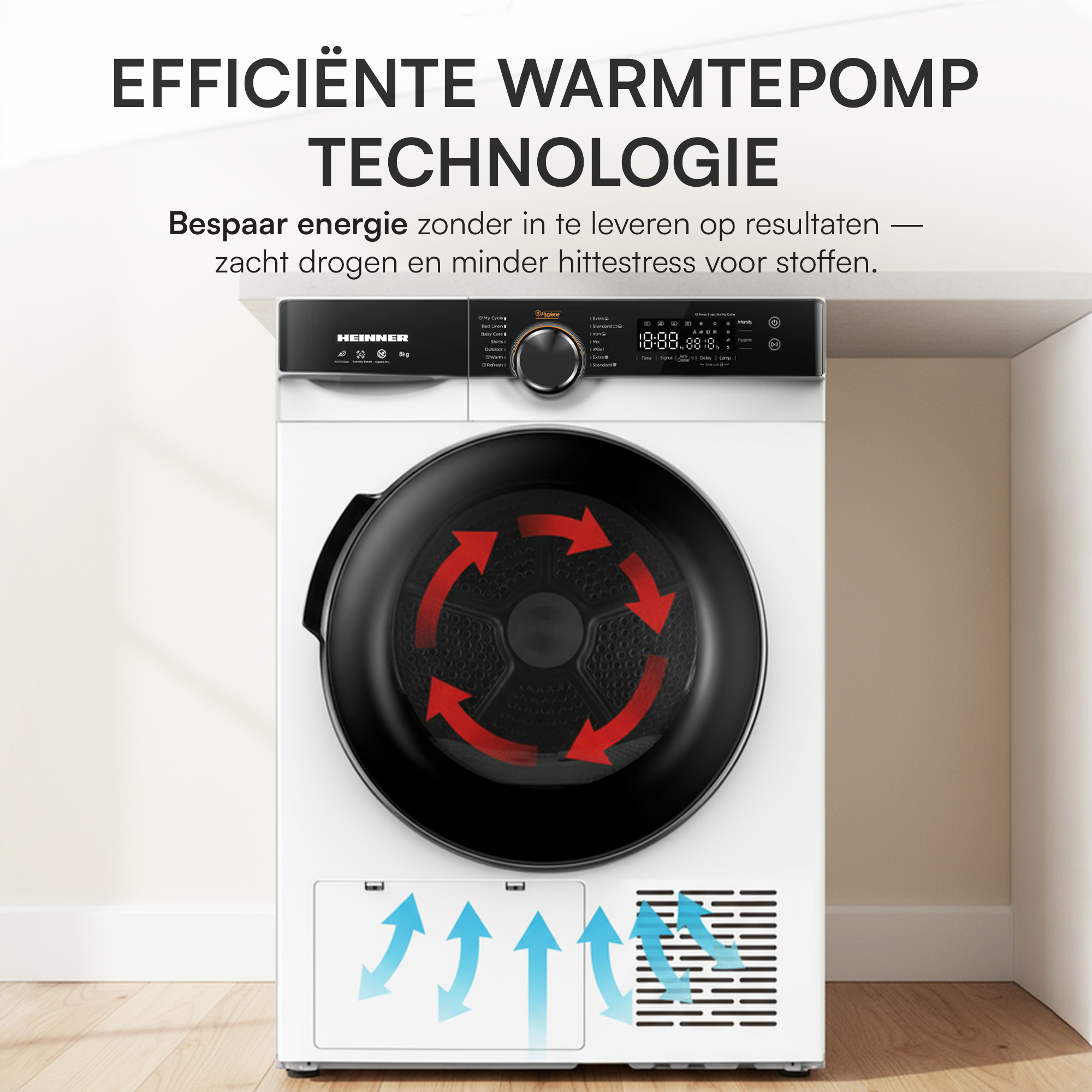 Ein weißer Trockner mit schwarzer Tür. Rote Pfeile zeigen den Luftstrom. Text: 'EFFICIËNTE WARMTEPOMP TECHNOLOGIE'.