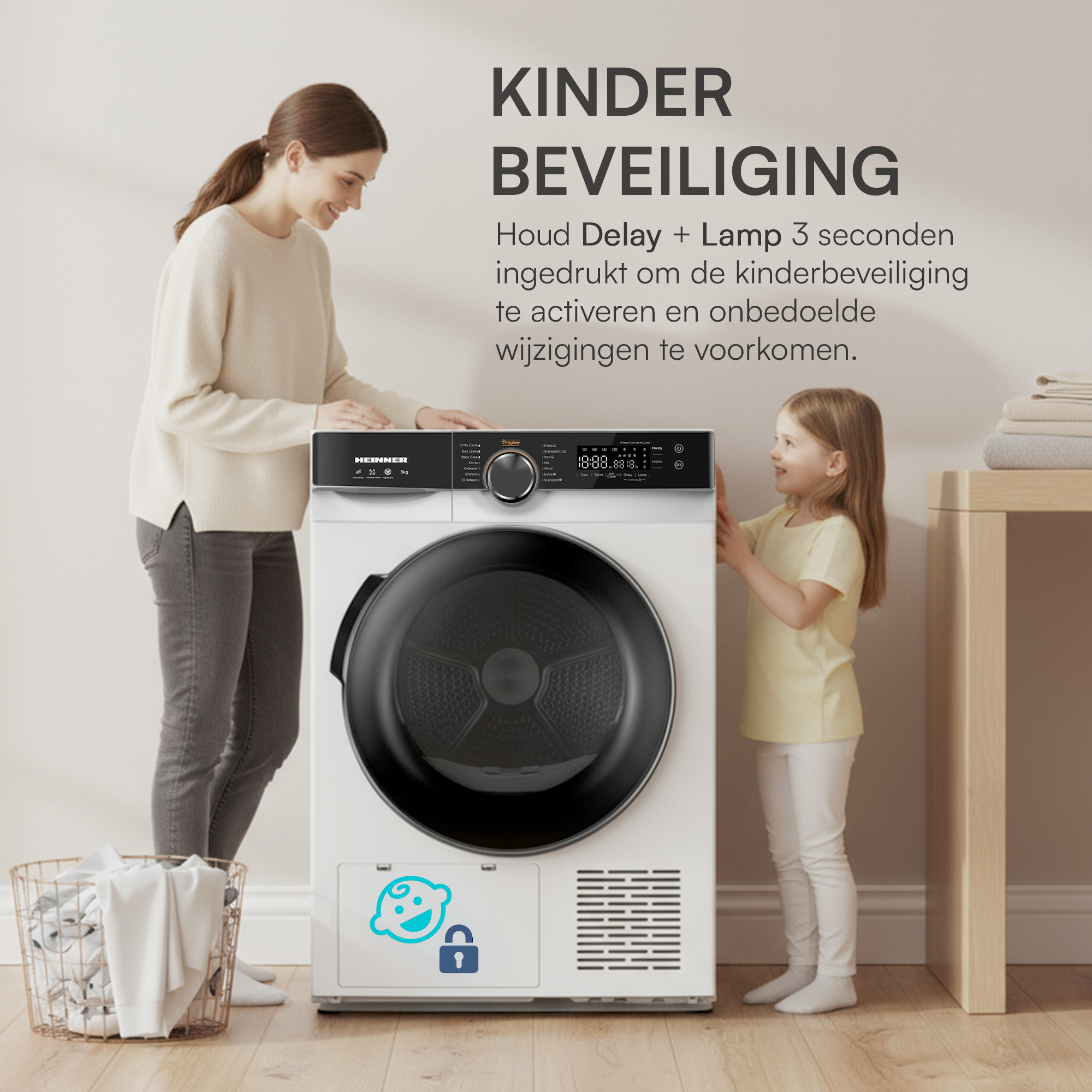 A woman and a girl stand near a white dryer. Text says 'Child Safety'. A basket with clothes is in the foreground.