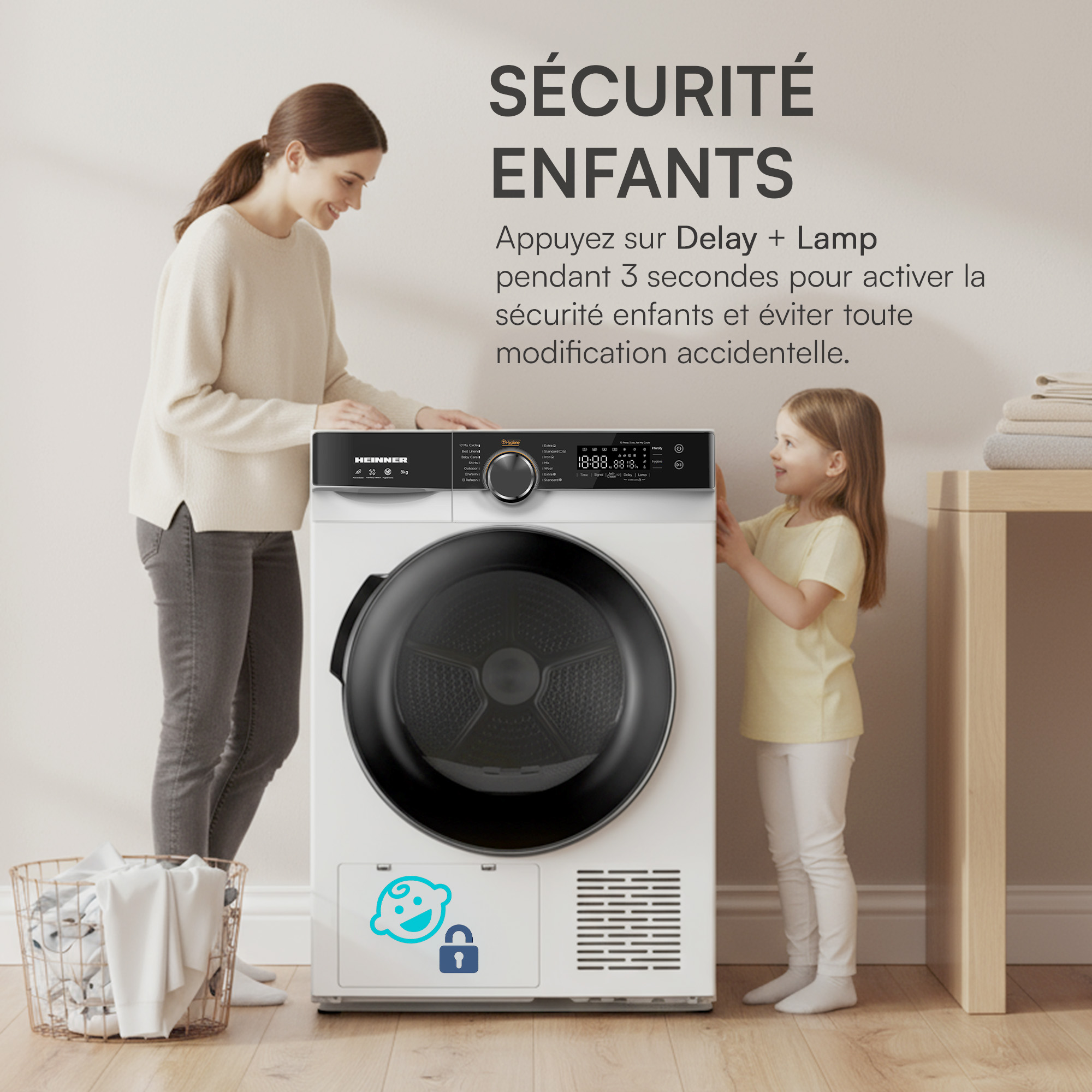 Une femme et une fille se tiennent près d'un sèche-linge. Le texte indique 'sécurité enfants'. Un panier de vêtements est au premier plan.