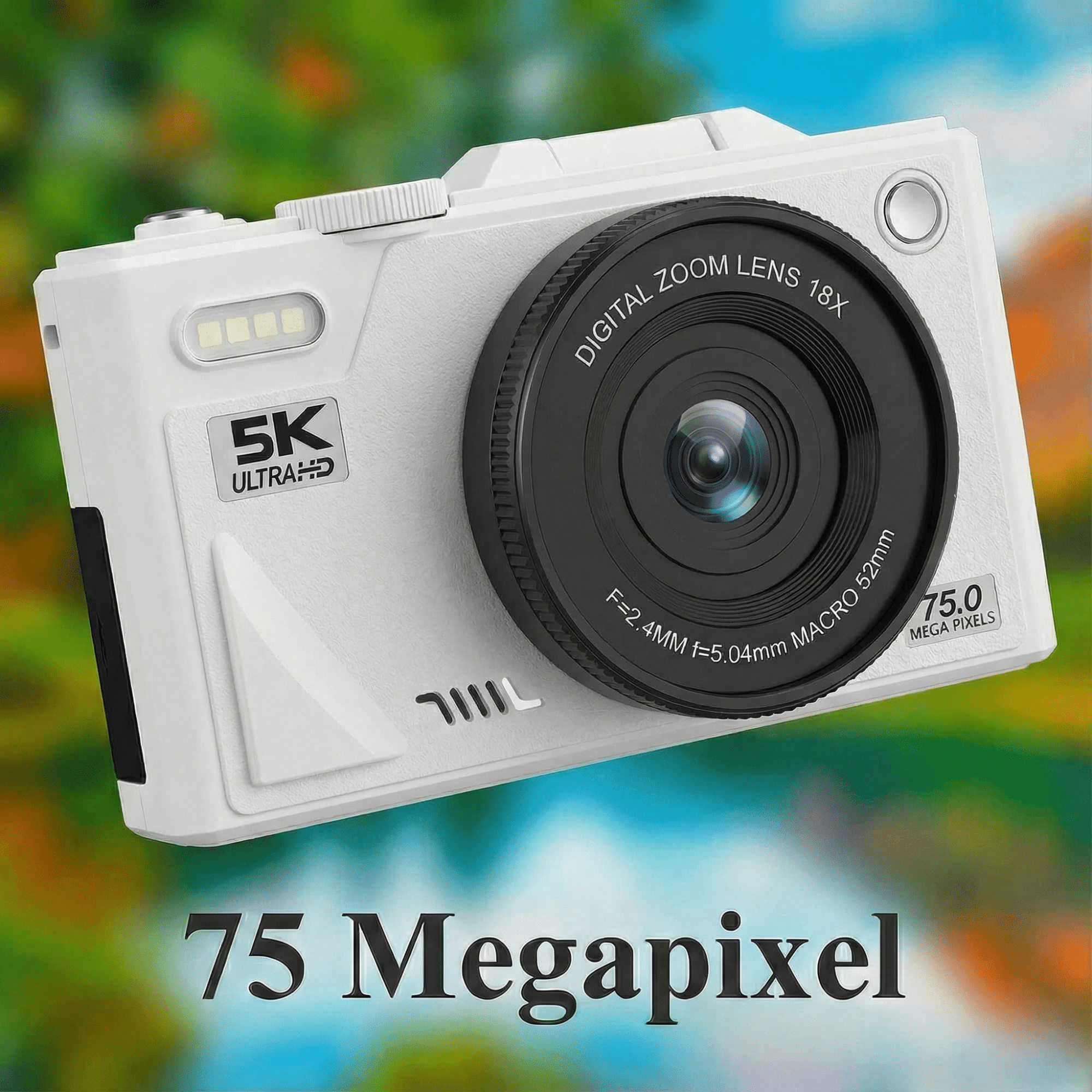 Eine weiße Digitalkamera mit schwarzem Objektiv, beschriftet mit 5K Ultra HD und 75 Megapixeln, auf buntem Hintergrund.
