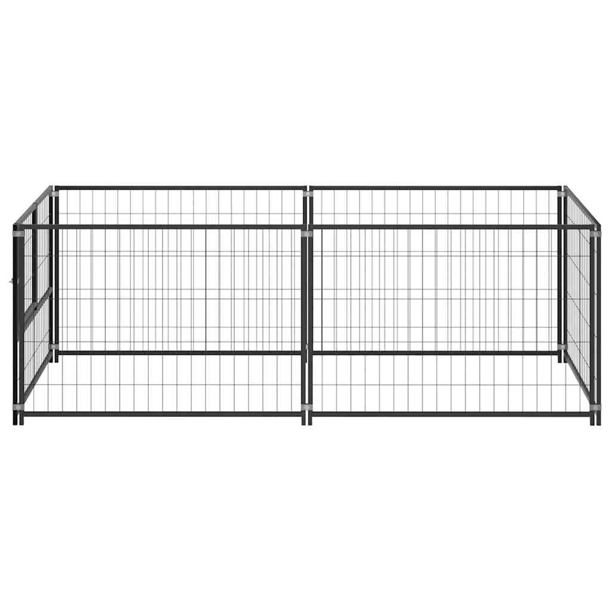 Ein schwarzer Metall-Haustier-Laufstall in rechteckiger Form. Der Laufstall hat eine Tür und steht vor weißem Hintergrund.