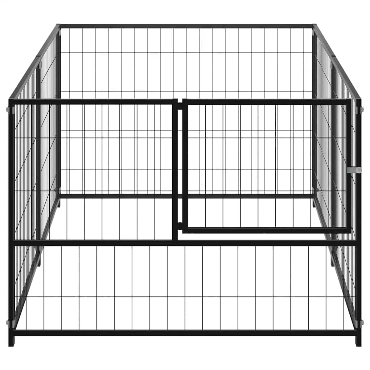 Ein schwarzer Metall-Haustierkäfig mit einem Tor. Der Käfig besteht aus vertikalen und horizontalen Stäben. Der Hintergrund ist weiß.