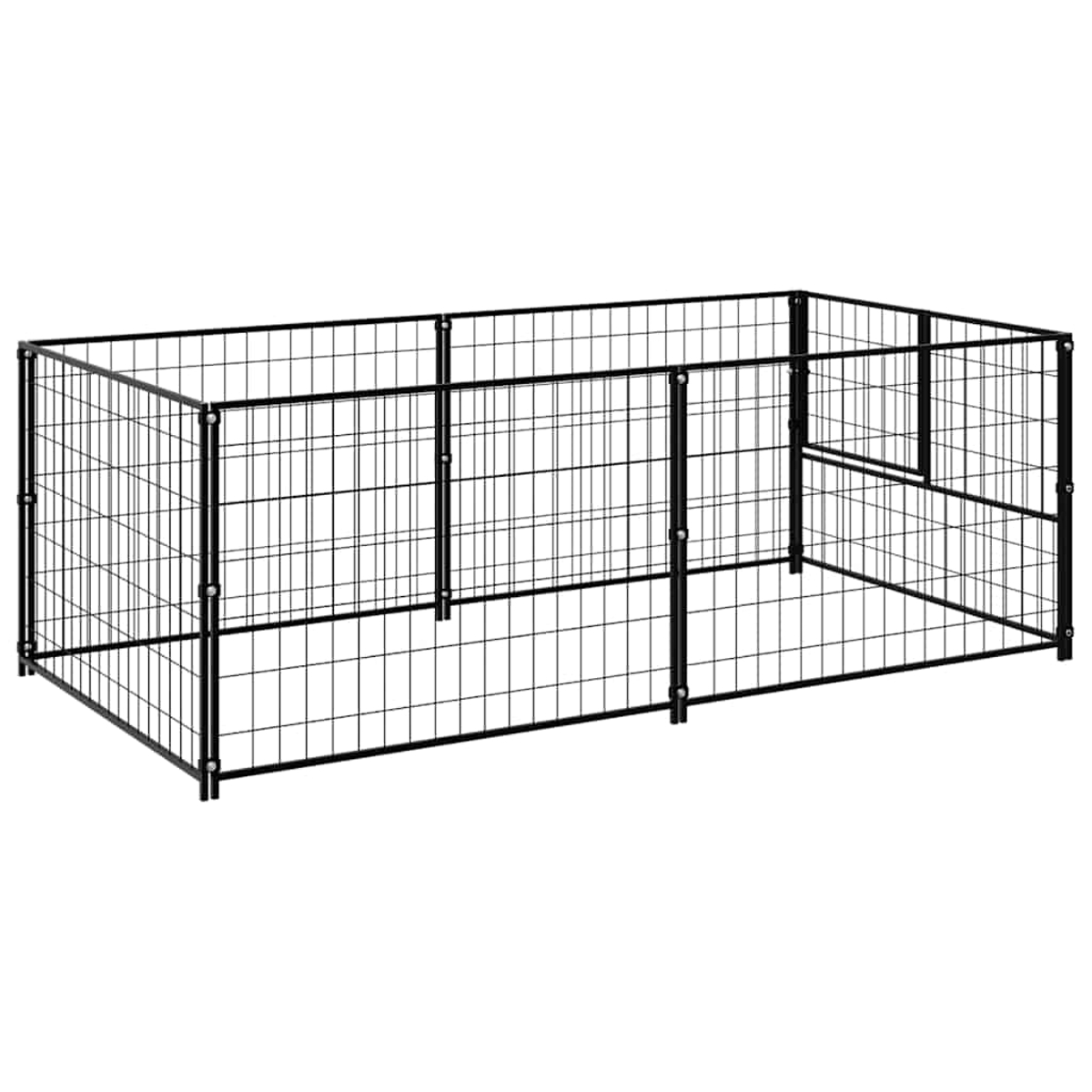 Ein schwarzes Metall-Haustiergehege. Es hat eine rechteckige Form. Die Struktur besteht aus Drahtgeflecht mit vertikalen und horizontalen Linien.