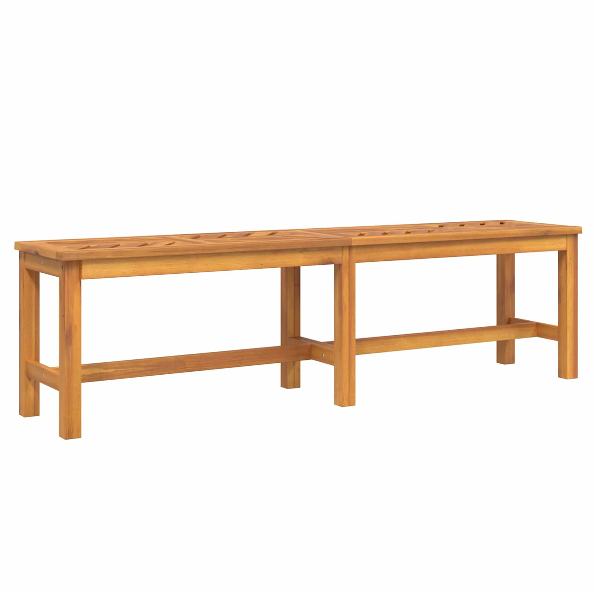 Eine lange Holzbank mit rechteckiger Form und sichtbarer Holzmaserung. Sie hat eine Lattenoberseite und vier Beine. Isoliert auf Weiß.