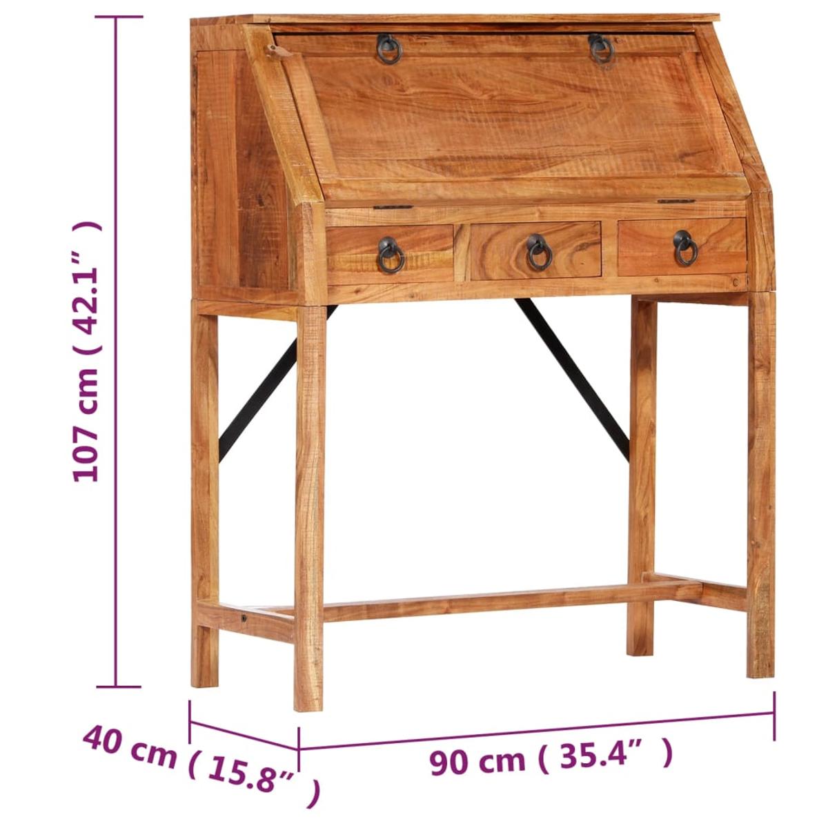 Holzschreibtisch mit schräger Oberseite, drei Schubladen und Metallringgriffen. Er hat vier Beine und die Abmessungen sind angegeben.