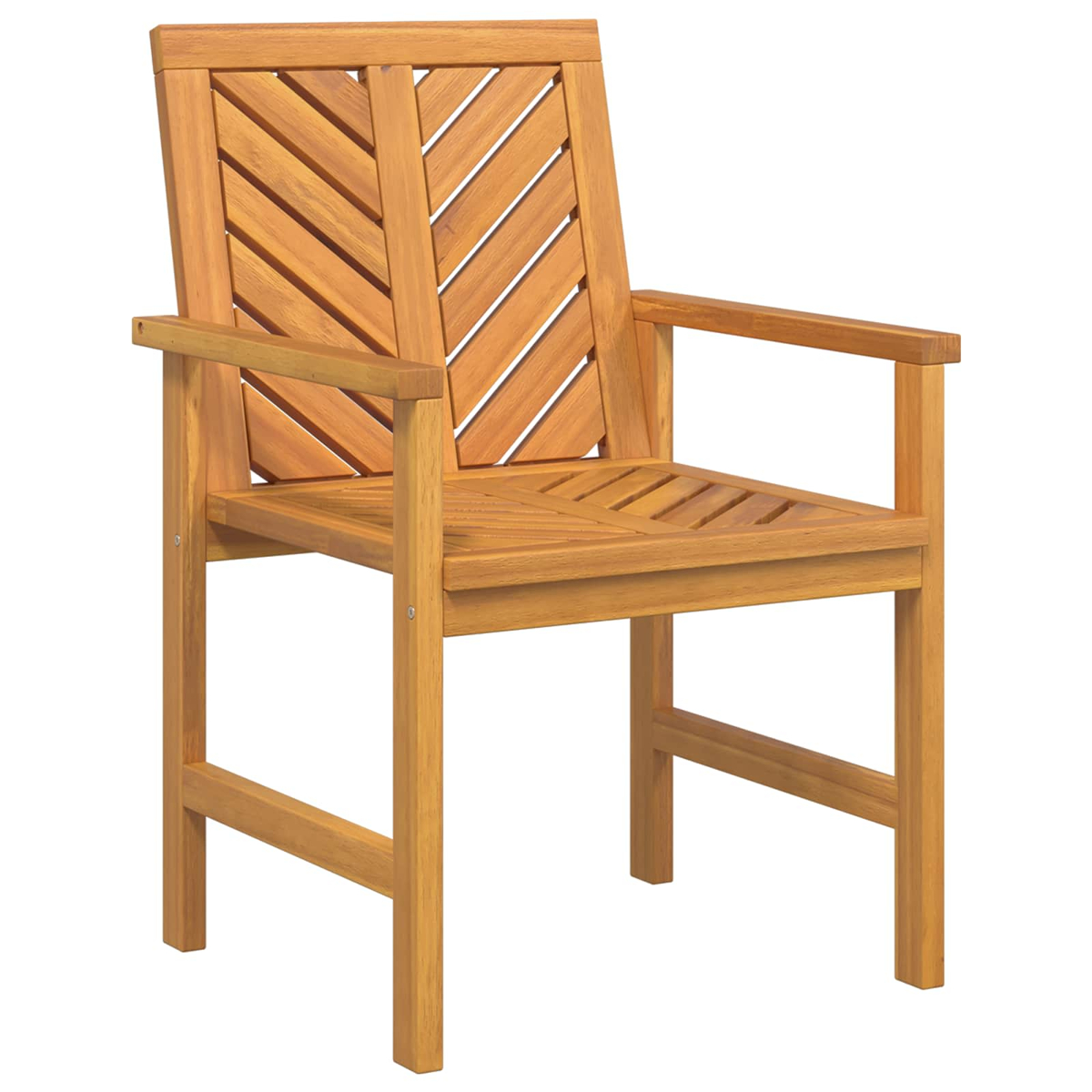 Ein Holzstuhl mit Armlehnen. Die Rückenlehne hat ein Fischgrätmuster. Sitz und Rückenlehne bestehen aus Holzlatten.