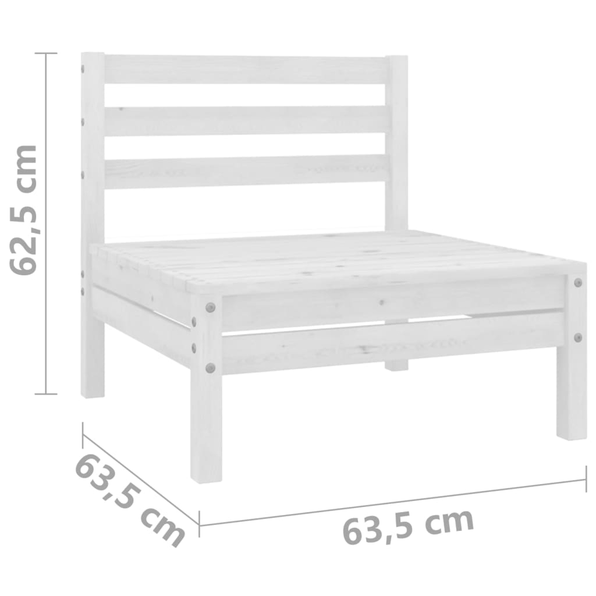 Ein weißer Holzstuhl mit Maßangaben. Er hat eine Sitzfläche, eine Rückenlehne und vier Beine. Die Maße sind 62,5 cm und 63,5 cm.