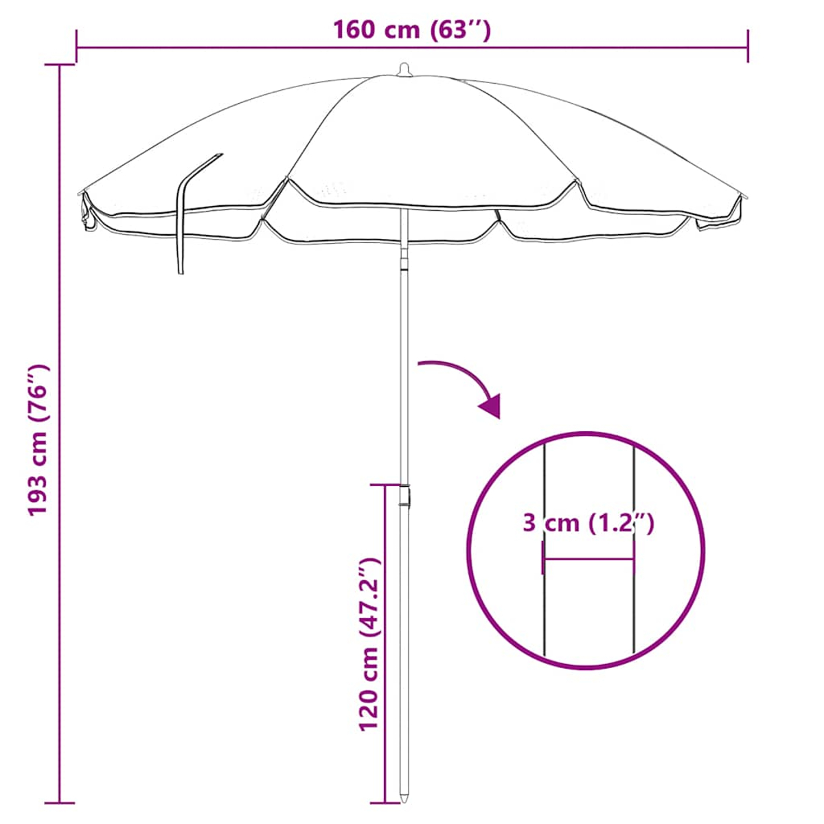 Eine Illustration zeigt die Abmessungen eines Sonnenschirms. Der Schirm ist 160 cm breit, 193 cm hoch, mit einem 120 cm langen und 3 cm dicken Pfahl.