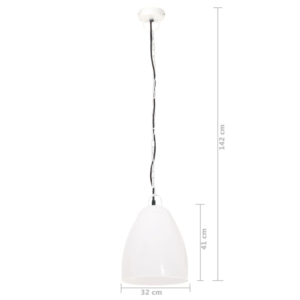 Eine weiße Pendelleuchte. Die Lampe hängt. Abmessungen sind angegeben: 142 cm Höhe, 41 cm Durchmesser, 32 cm Breite.