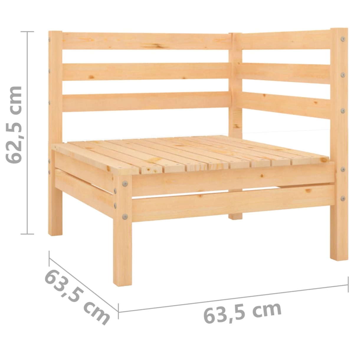 Ecksofa aus Holz. Es ist hellbraun und hat eine Sitzfläche, Rücken- und Armlehnen. Abmessungen: 62,5 cm hoch, 63,5 cm breit und tief.