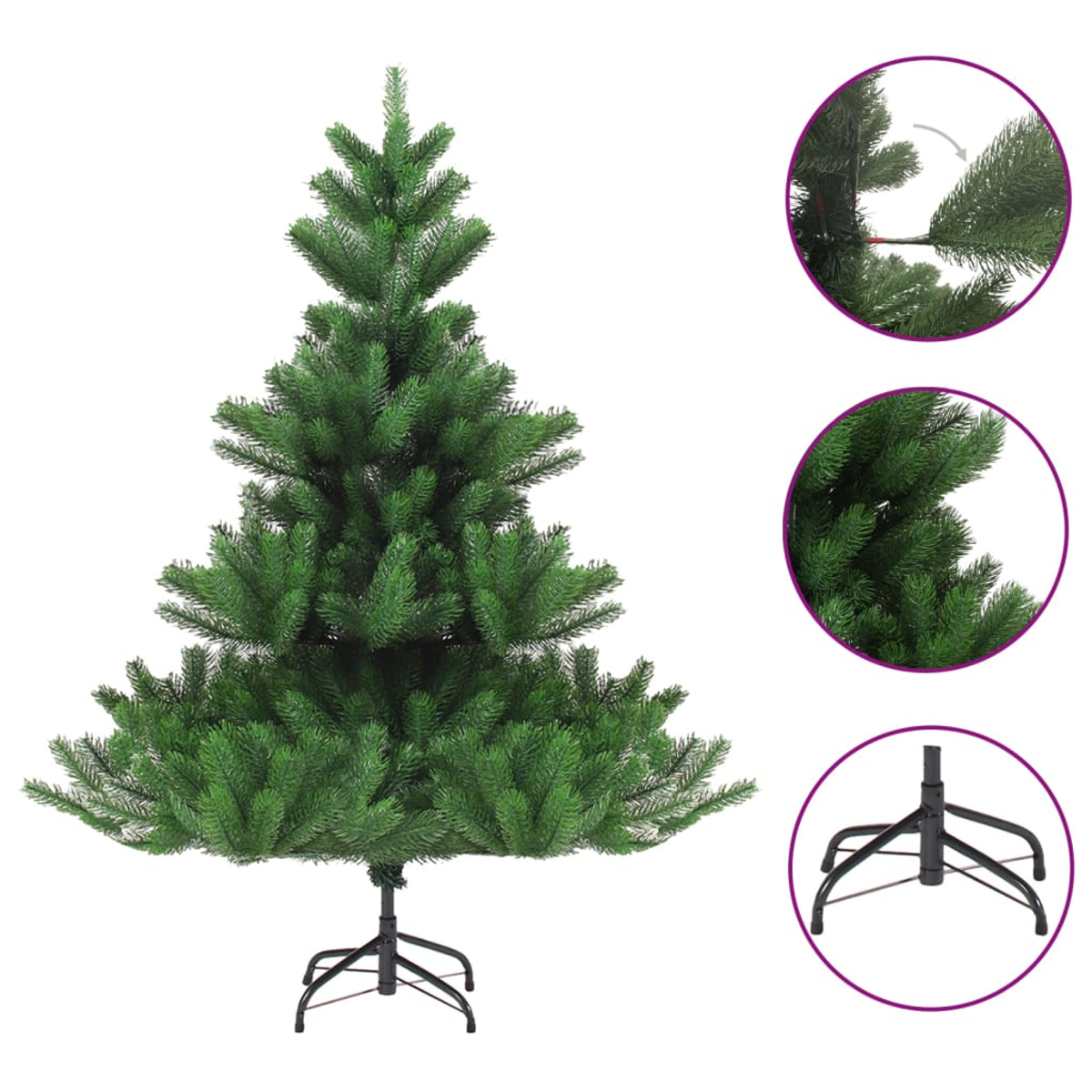 Ein grüner künstlicher Weihnachtsbaum vor weißem Hintergrund. Details zeigen Äste, Nadeln und einen schwarzen Metallständer.