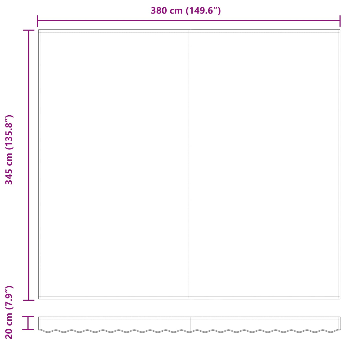 Diagramm mit Abmessungen: 380 cm breit, 345 cm hoch und 20 cm tief. Enthält gewellte Unterkante und beschriftete Maße.
