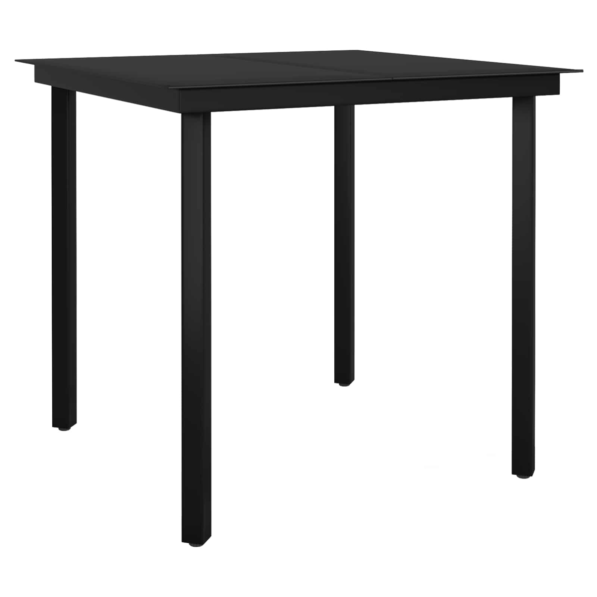 Ein quadratischer, schwarzer Tisch mit vier Beinen. Der Tisch ist leer und steht auf weißem Hintergrund.