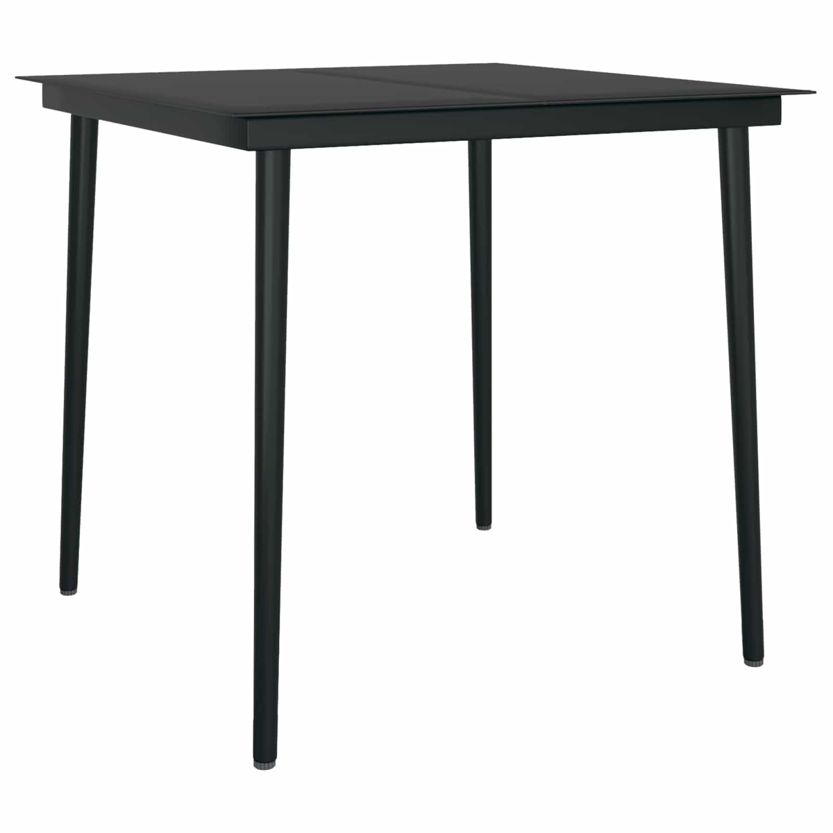 Ein quadratischer schwarzer Tisch mit vier Beinen steht auf weißem Hintergrund. Der Tisch hat eine Glasplatte und ein schlichtes Design.