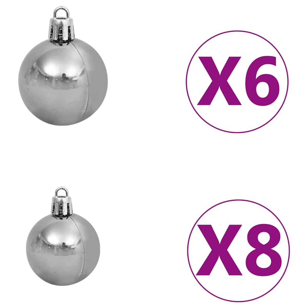 Zwei silberne Weihnachtskugeln mit Metallkappen. Zwei lila Kreise mit Text: 'X6' und 'X8' auf weißem Hintergrund.