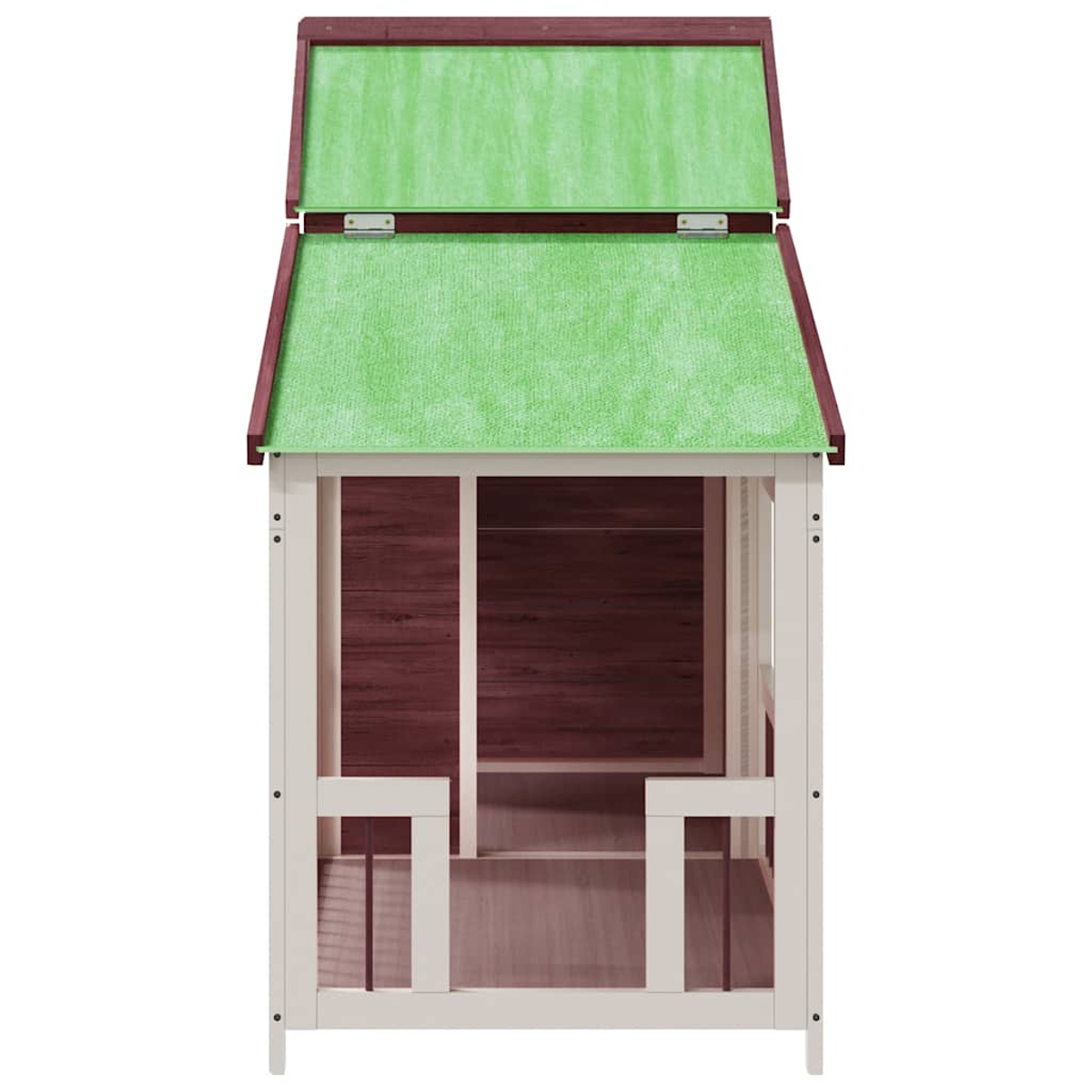 Ein Spielhaus mit grünem Dach und braunen Holzwänden. Der Rahmen ist weiß. Das Dach ist teilweise geöffnet.