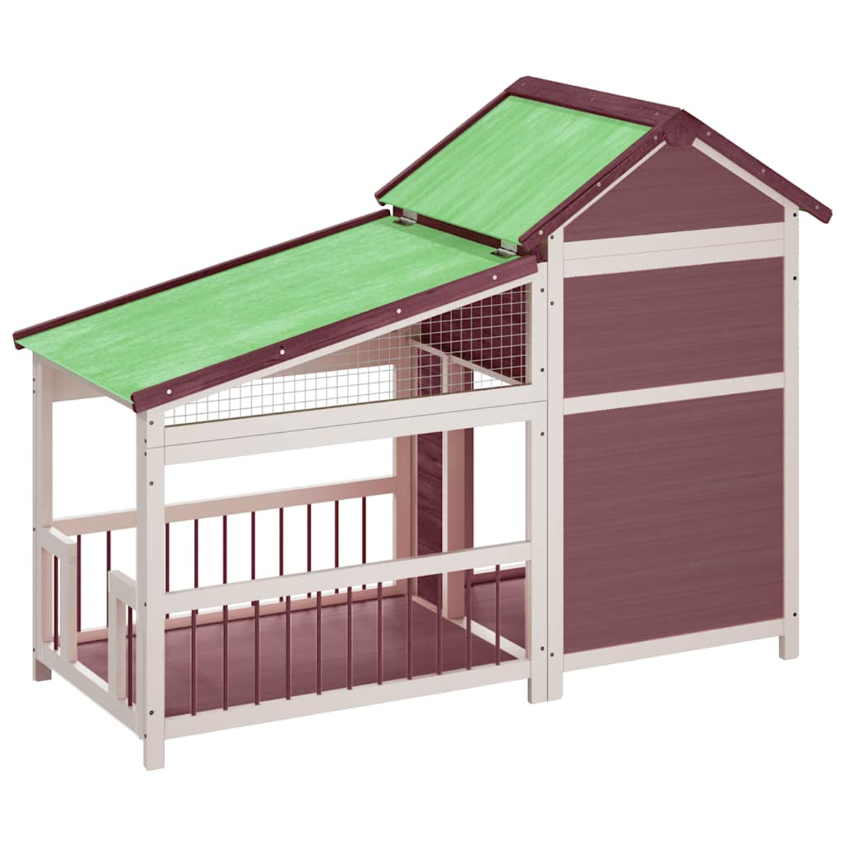 Ein zweistöckiges hölzernes Tierhaus mit grünem Dach. Das Haus hat einen eingezäunten Bereich und ein Drahtgitterfenster. Das Farbschema ist braun und weiß.