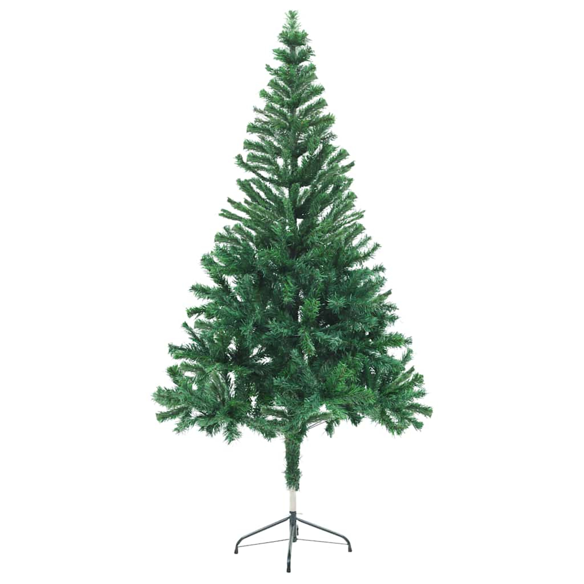 Ein grüner künstlicher Weihnachtsbaum steht vor einem weißen Hintergrund. Er hat einen Metallständer und ist nicht geschmückt.