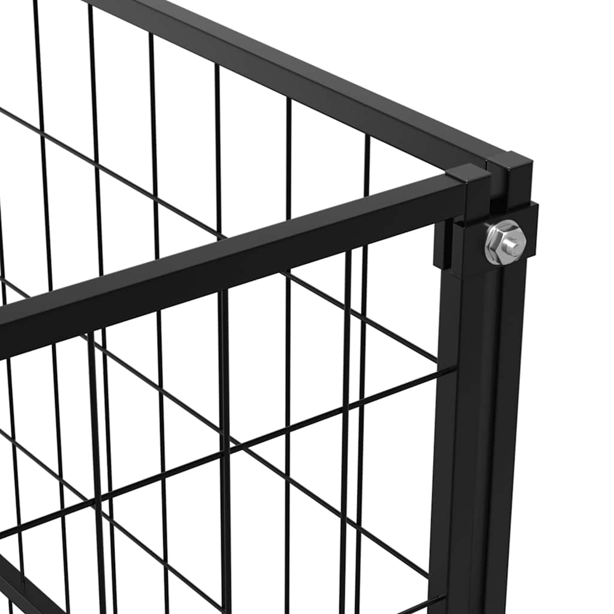 Nahaufnahme einer Ecke eines schwarzen Metallkäfigs. Der Käfig besteht aus dicken Stäben, die verschraubt sind. Eine silberne Schraube ist sichtbar.