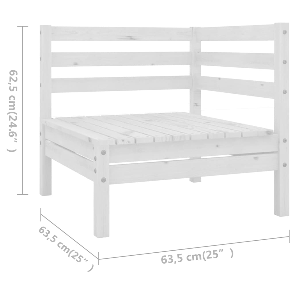 Ein weißes Ecksofa aus Holz mit Maßangaben. Es hat eine Sitzfläche und Rückenlehne aus Latten, mit Maßen in cm und Zoll.