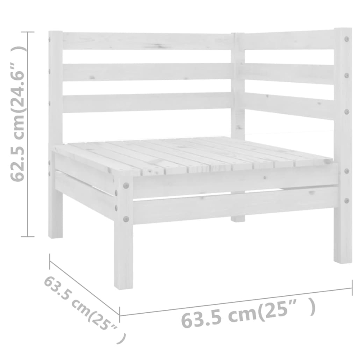 Ein weißes Ecksofa aus Holz wird gezeigt. Abmessungen sind angegeben: 62,5 cm hoch und 63,5 cm breit.